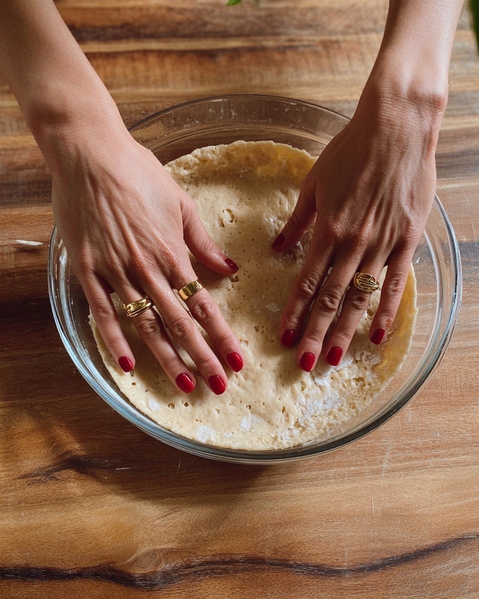 A close-up view of a clear glass bowl on a wooden surface holding a round, pale beige dough sheet being pressed down and shaped by two woman's hands with red nail polish and gold rings, gently spreading the edges inside the bowl. The dough has a soft, slightly textured surface with small air bubbles visible. photo taken with an iphone --ar 4:5 --v 7