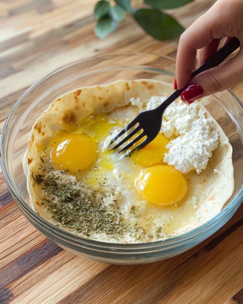 A clear glass bowl holds a tortilla as the base layer, soft and light beige with faint brown spots. On top of the tortilla, three raw whole eggs are cracked open, with bright yellow yolks and clear egg whites spreading across the bottom. On one side near the eggs, a patch of green, dried herbs adds texture and color contrast. A woman's hand with red nail polish is using a black fork to place white, soft cheese near the eggs. The bowl is sitting on a wooden surface with a natural grain pattern, and there are green leaves blurred in the background. photo taken with an iphone --ar 4:5 --v 7