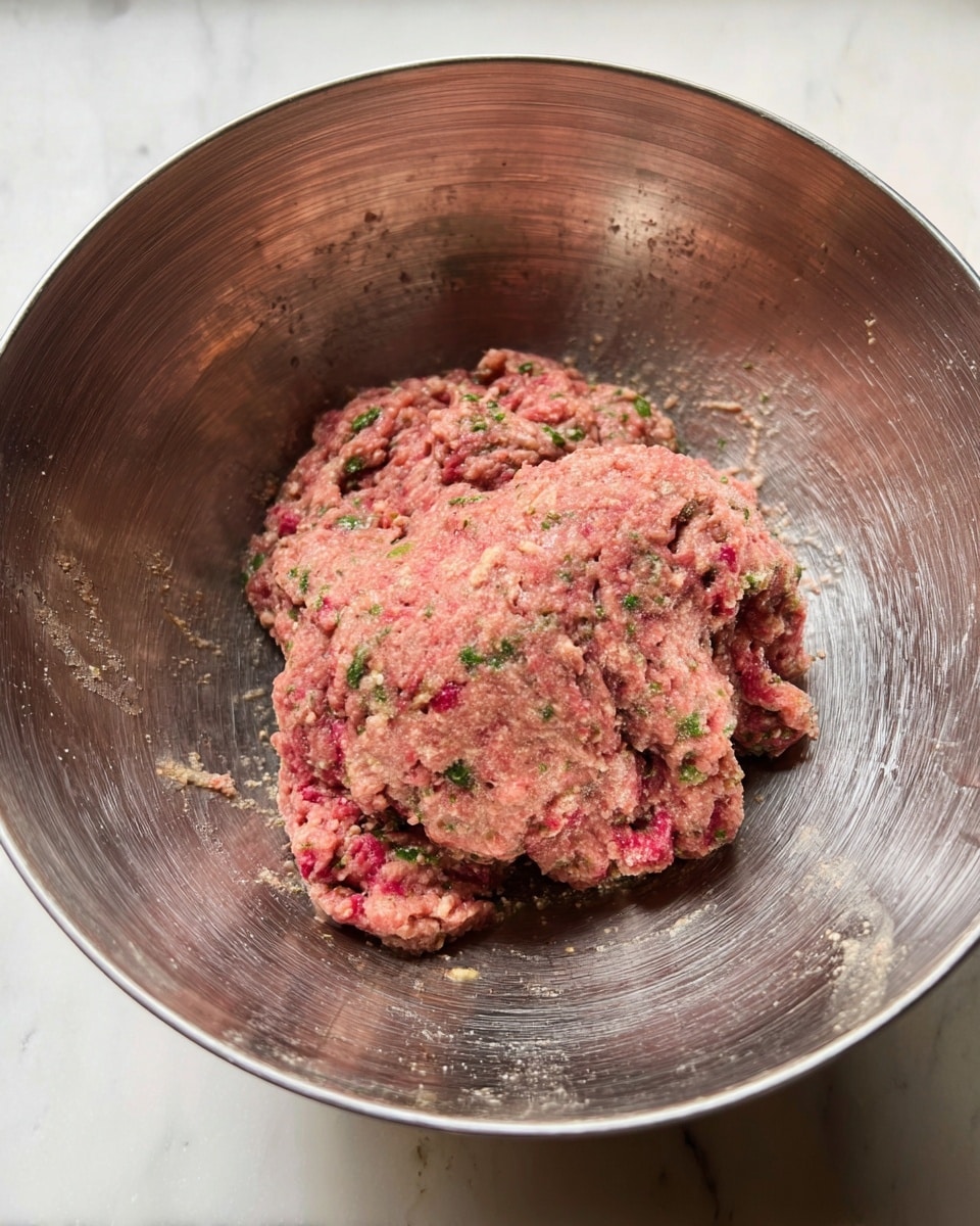 A large silver mixing bowl holds a single mound of raw meat mixture with visible bits of green herbs, like parsley, and red pieces scattered throughout, giving the mixture a speckled pink, red, and green look. The texture appears soft and slightly sticky, with uneven lumps. The bowl sits on a white marbled surface, catching some light reflections. photo taken with an iphone --ar 4:5 --v 7