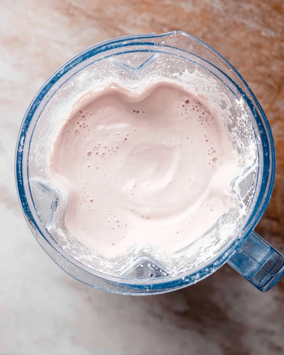 A clear blender container filled with a smooth, thick light pink cream. The cream has a soft texture with tiny specks spread evenly throughout. The container shows some cream residue on its inside edges. The blender rests on a white marbled surface. photo taken with an iphone --ar 4:5 --v 7