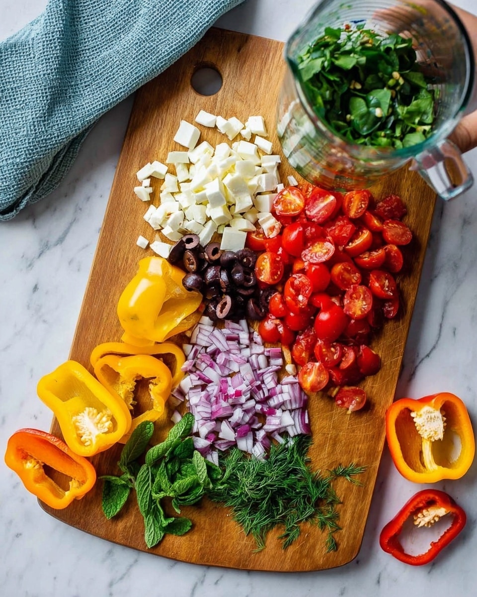 A wooden cutting board is placed on a white marbled surface, with colorful food ingredients arranged on and around it. There are diced white cheese cubes and bright red cherry tomatoes cut in half at the top right of the board. Below them, sliced black olives and finely chopped red onions create a line down the center. Fresh green herbs including mint and dill are spread out near the bottom left corner. Around the board, there are halves of yellow, orange, and red bell peppers showing their seeds inside. A clear glass measuring cup filled with green leafy herbs is held above the board by a woman's hand. A textured blue towel is positioned in the upper background. Photo taken with an iphone --ar 4:5 --v 7
