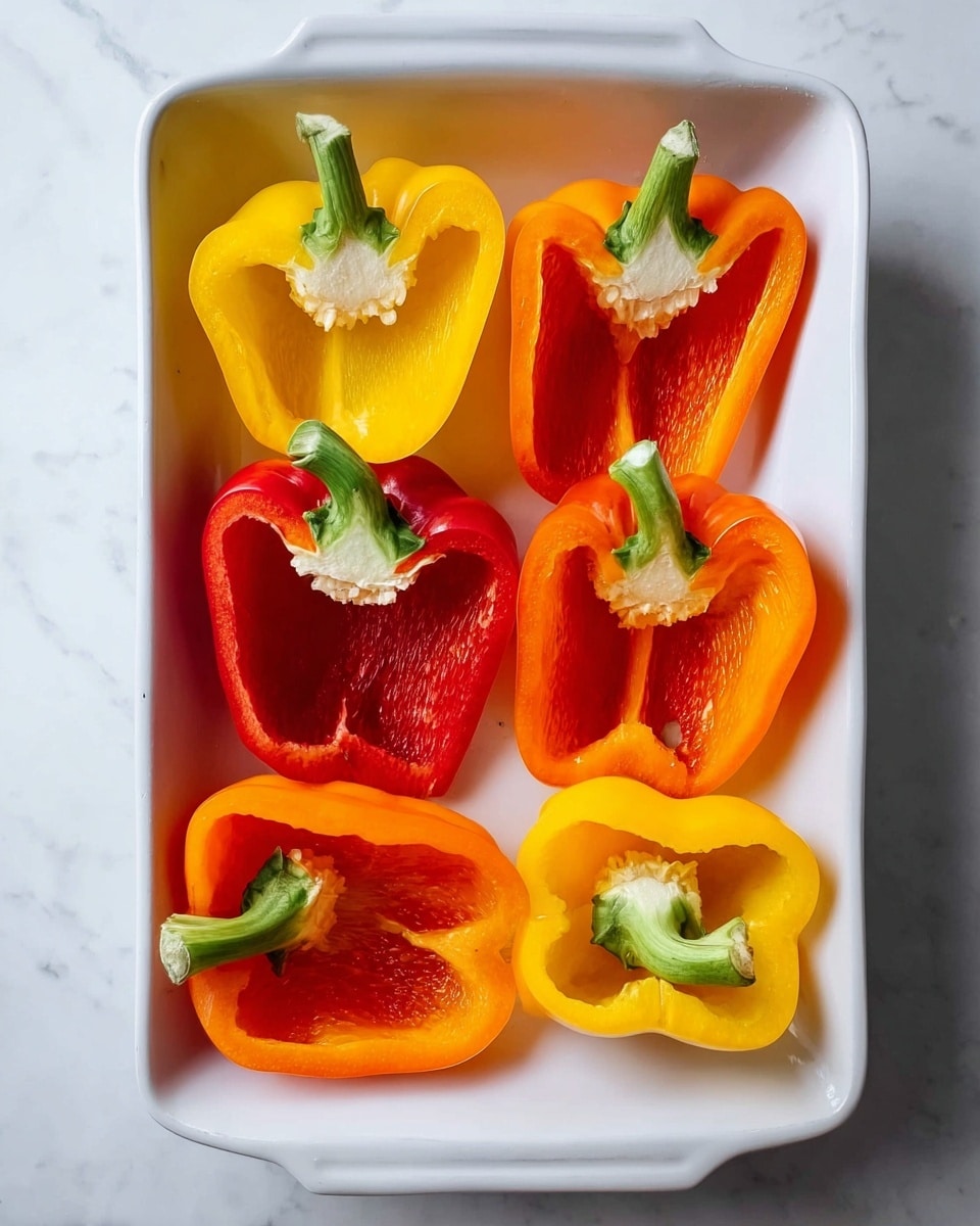 A white rectangular dish holds six bell pepper halves arranged in two rows. The top row has one yellow pepper half on the left, one orange pepper half in the middle, and one red pepper half on the right. The bottom row has one orange pepper half on the left, one red pepper half in the middle, and one yellow pepper half on the right. Each pepper half shows its hollow inside with a smooth texture and a green stem attached, all set on a white marbled surface. Photo taken with an iphone --ar 4:5 --v 7