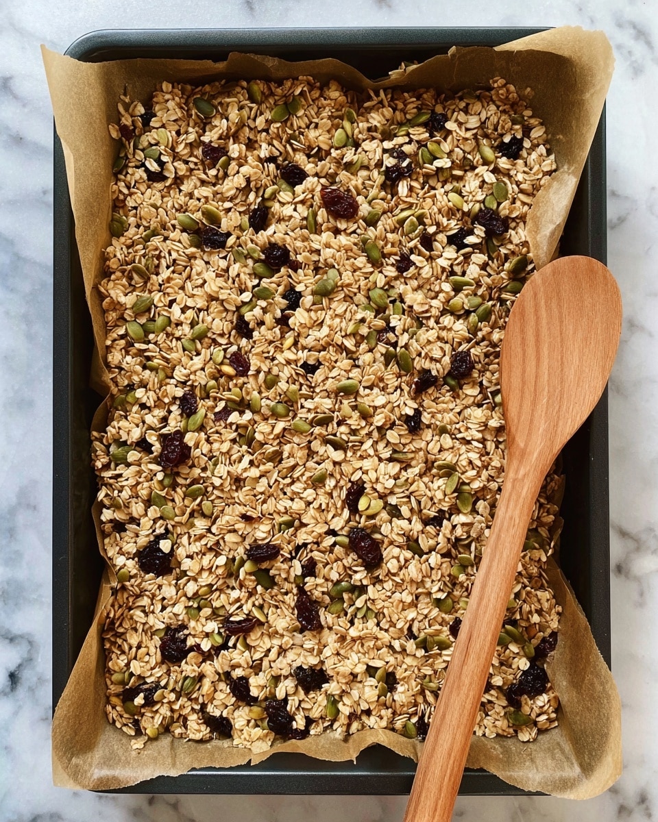 This image shows a dark rectangular baking pan lined with brown parchment paper filled with a single thick layer of mixed granola. The granola has a textured mix of light golden puffed rice, pale green pumpkin seeds, small sunflower seeds, and dark raisins scattered evenly throughout. A wooden spoon rests on the right side of the pan, partially on the granola, adding a natural tone contrast. The pan is placed on a white marbled surface. Photo taken with an iphone --ar 4:5 --v 7
