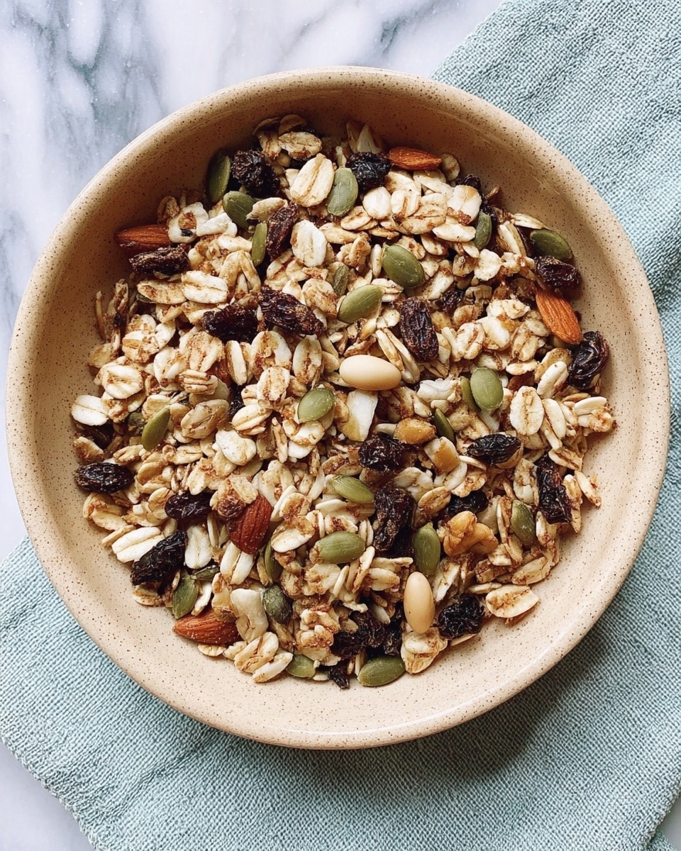 A beige bowl filled with a mix of puffed white grains, dark brown raisins, green pumpkin seeds, light brown nuts, and some small white seeds. The mix has a slightly toasted look with a light brown seasoning coating many pieces. The bowl sits on a white marbled surface with a light blue textured cloth underneath. Photo taken with an iphone --ar 4:5 --v 7