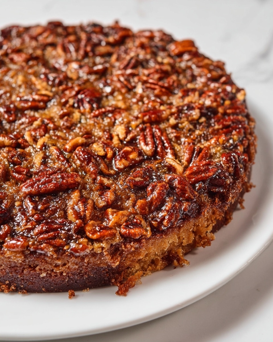 The dish is a single-layer pecan dessert placed on a white plate set on a white marbled surface. The bottom layer is a dark brown, slightly crispy and moist cake. The top layer covers the entire surface with a thick, glossy mix of toasted pecans that are golden to dark brown, packed tightly with a caramelized texture. The pecans appear whole and broken into smaller pieces, creating a rough and uneven surface that glistens under the light. The edges look slightly crispier and darker, blending the cake and nut topping seamlessly. photo taken with an iphone --ar 4:5 --v 7