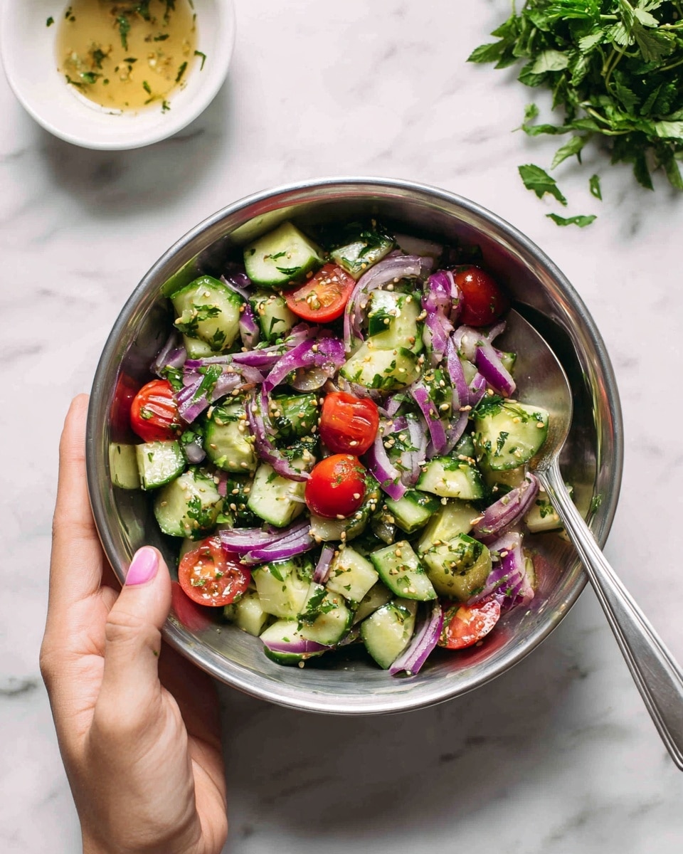 A shiny metal bowl is filled with a fresh salad made of three main layers: the base layer shows bright green cucumber cubes with a firm texture, scattered throughout are pieces of red cherry tomatoes that add a juicy look, and long thin slices of purple-red onion rest on top mixed evenly with chopped green herbs. The salad glistens with small droplets of dressing and visible mustard seeds, adding tiny bursts of yellow color. A silver spoon is partially dipped in the right side of the bowl. A woman's hand with pale skin and pink nails gently holds the bowl from the bottom left corner. In the background, a small white bowl with a light dressing and a bunch of fresh green herbs lie on a white marbled surface. Photo taken with an iphone --ar 4:5 --v 7