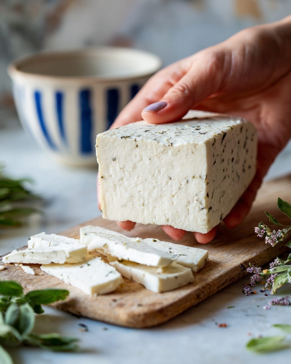 A woman's hand holds a thick white block of soft cheese with a pale beige outer layer that has some small black specks. The cheese has an uneven texture and edges where thin white slices have been shaved off and lie scattered on a light wooden cutting board beneath it. In the background, there are some green herbs and a white bowl with blue stripes on a white marbled surface. Photo taken with an iphone --ar 4:5 --v 7