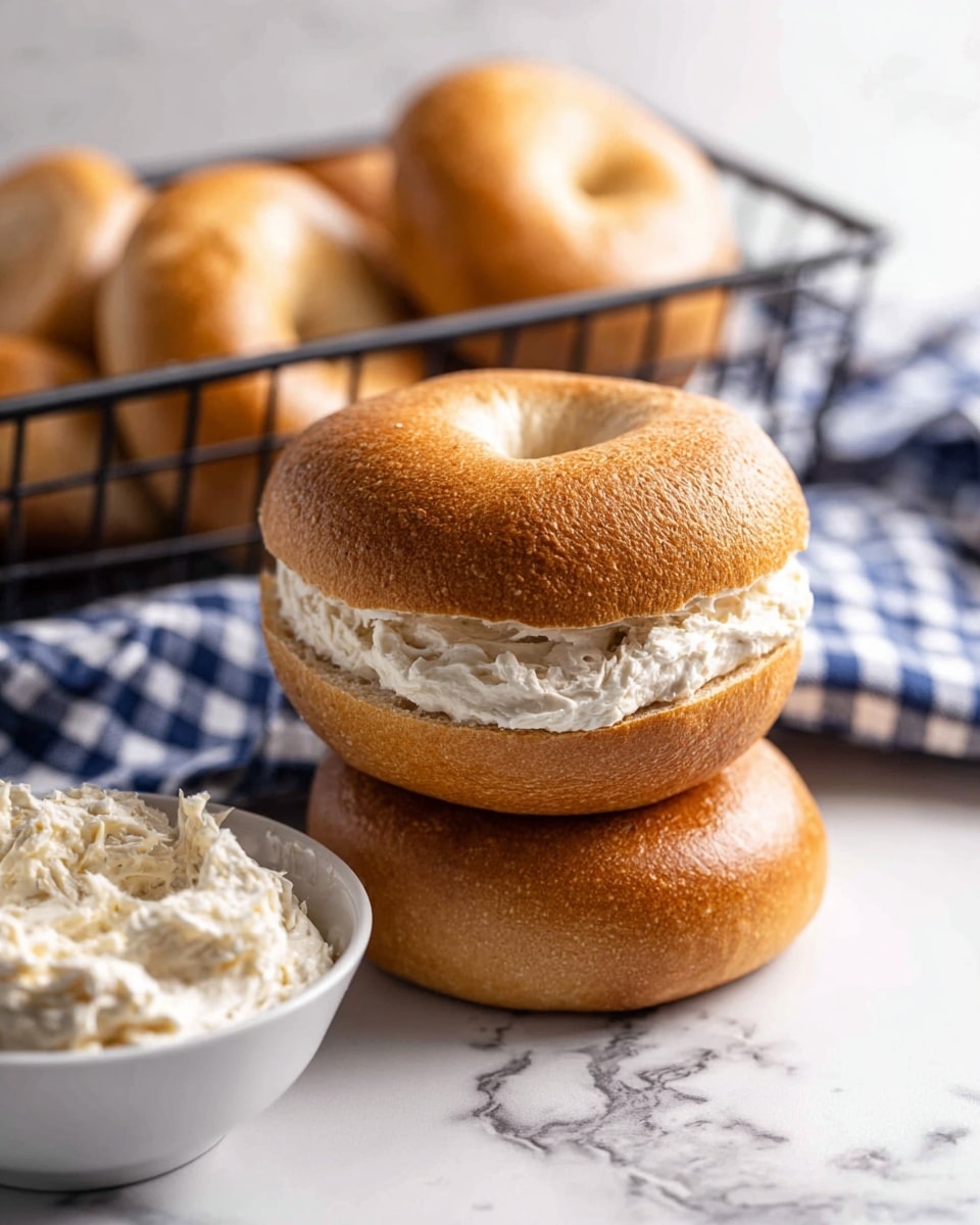The image shows a small white bowl filled with creamy, textured spread that has small pieces mixed in, placed on a surface with a white marbled texture. Surrounding the bowl are several plain bagels with a golden brown crust. Two bagel halves behind the bowl each have a layer of the same spread, showing a light beige color with a slightly rough and creamy texture. In the background, there is a black wire rack holding more bagels. Some shiny brass measuring spoons with wooden handles are visible on the right side. The overall scene looks bright and fresh. photo taken with an iphone --ar 4:5 --v 7