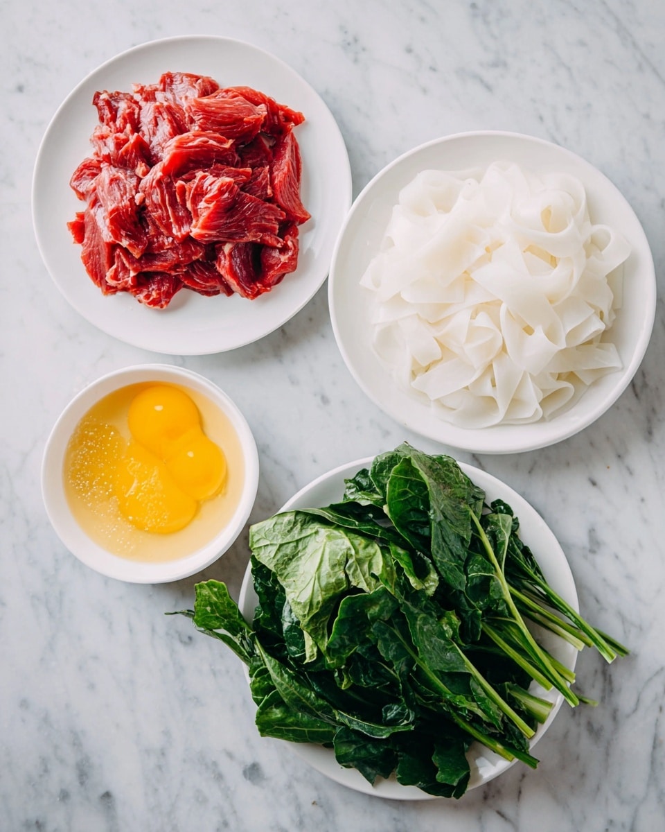 The image shows four dishes arranged on a white marbled surface. On the left, a white plate holds a pile of red raw sliced meat with a smooth, slightly shiny texture. To the right, there is a white plate with uneven layers of flat, wide, white rice noodles that have a smooth, soft look. Above them, a small white bowl contains a bright yellow-orange liquid, likely beaten eggs, with some light bubbles on the surface. At the bottom, another white plate is filled with large, fresh dark green leafy vegetables with thick stems and a slightly glossy texture. Photo taken with an iphone --ar 4:5 --v 7