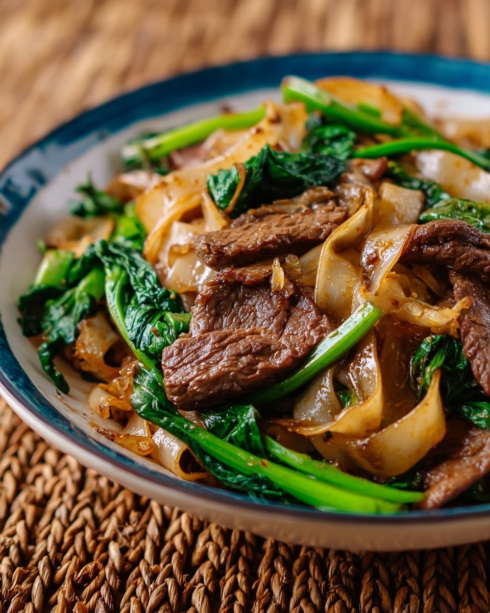 A close-up of a dish in a white bowl with blue rim, showing three main layers: wide, flat rice noodles with a slightly chewy texture and light brown char marks on the edges; tender cooked slices of dark brown beef with some grill marks, layered beneath and among the noodles; and bright green leafy vegetables with a fresh, slightly wilted look, mixed evenly throughout. The dish glistens with sauce, and the bowl is placed on a woven mat textured surface. Photo taken with an iphone --ar 4:5 --v 7