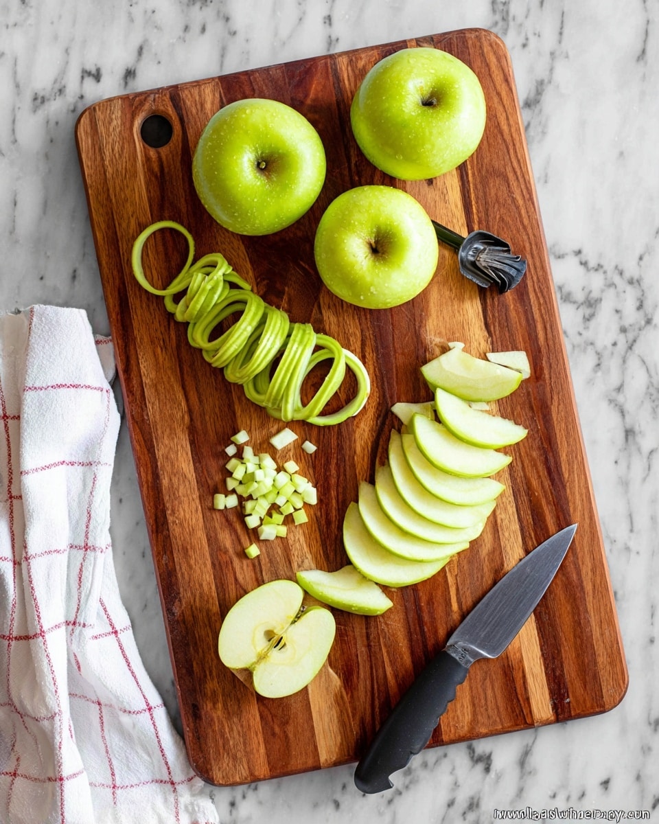 A wooden cutting board with a rich brown color and distinct grain patterns holds several peeled green apples. Near the top middle is a long green apple peel spiraled loosely. Three whole peeled apples, light green and smooth, are placed in a line horizontally on the lower right side. Below them are evenly sliced apple wedges arranged in a semi-circle. On the lower left, there are small diced apple pieces next to a black-handled paring knife with a sharp silver blade. A black peel with a silver head rests near the apple peel top right. The cutting board rests on a white marbled surface with gray veins, and a white cloth with red grid lines is loosely placed at the bottom left edge. Photo taken with an iphone --ar 4:5 --v 7