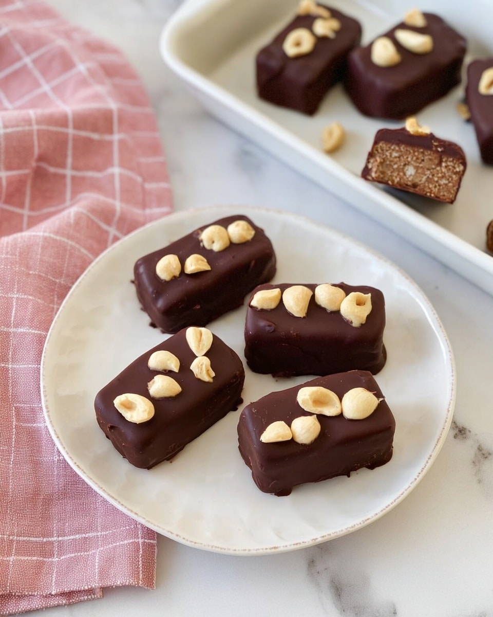 Five small rectangular treats with a dark brown chocolate-like coating sit on a white plate with a slightly scalloped edge. Each treat is topped with three or four cream-colored nut pieces scattered unevenly on the top. The treats have a smooth outer layer with a glossy texture. To the side, a white tray holds more of these treats, and two treats are shown sliced in half, revealing a dense, brown, crumbly inner layer. The scene is set on a white marbled surface, with a pink cloth featuring white grid lines partially visible on the left side. photo taken with an iphone --ar 4:5 --v 7