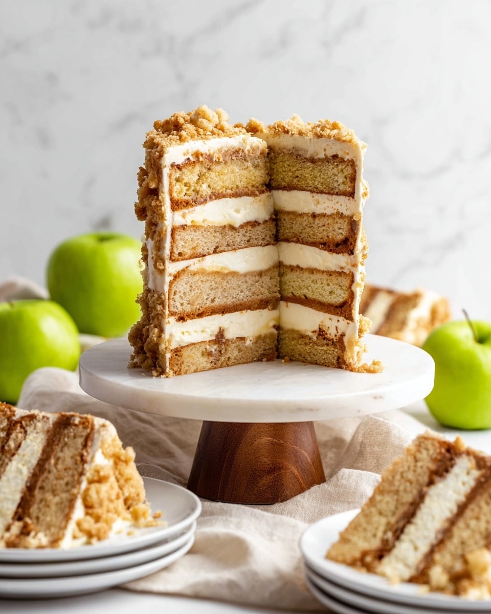 A tall slice of layered cake sits on a white marble cake stand with a wooden base. The cake has four visible layers of light brown sponge separated by three thick layers of creamy white filling. The top layer is covered with a crumbled topping in pale beige. Around the cake stand, there are fresh green apples and a soft beige cloth on a white marbled surface. In the foreground, slices of the same cake rest on white plates. The background is plain with a white marbled texture. Photo taken with an iphone --ar 4:5 --v 7