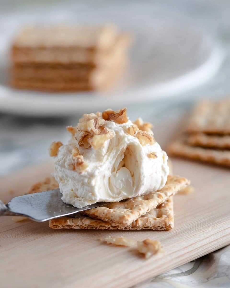 A close-up view of a small stack of four square crackers with a light brown color and slightly rough texture, laid on a light wooden surface. On top of the cracker stack, there is a butter knife holding a scoop of soft white cream cheese covered with chopped walnut pieces, showing a creamy, slightly crumbly texture. In the background, a white plate is stacked with more crackers out of focus, resting on a white marbled surface. photo taken with an iphone --ar 4:5 --v 7