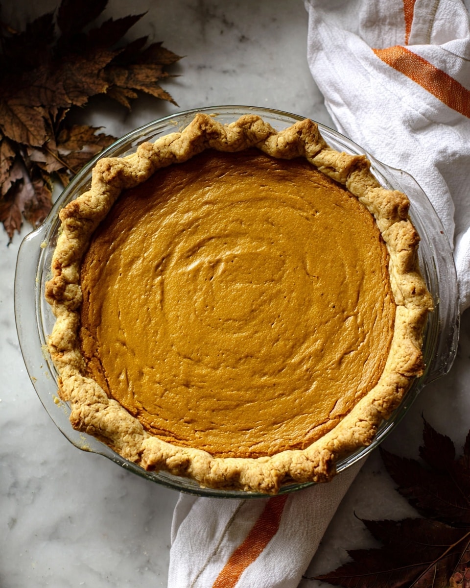 A single-layer pumpkin pie with a golden-brown rough crust edges rises clearly around the thick, smooth, and slightly cracked orange filling in the center, all set in a clear glass pie dish resting on a white marbled texture surface with some dried leaves and a white cloth with orange stripes nearby. photo taken with an iphone --ar 4:5 --v 7