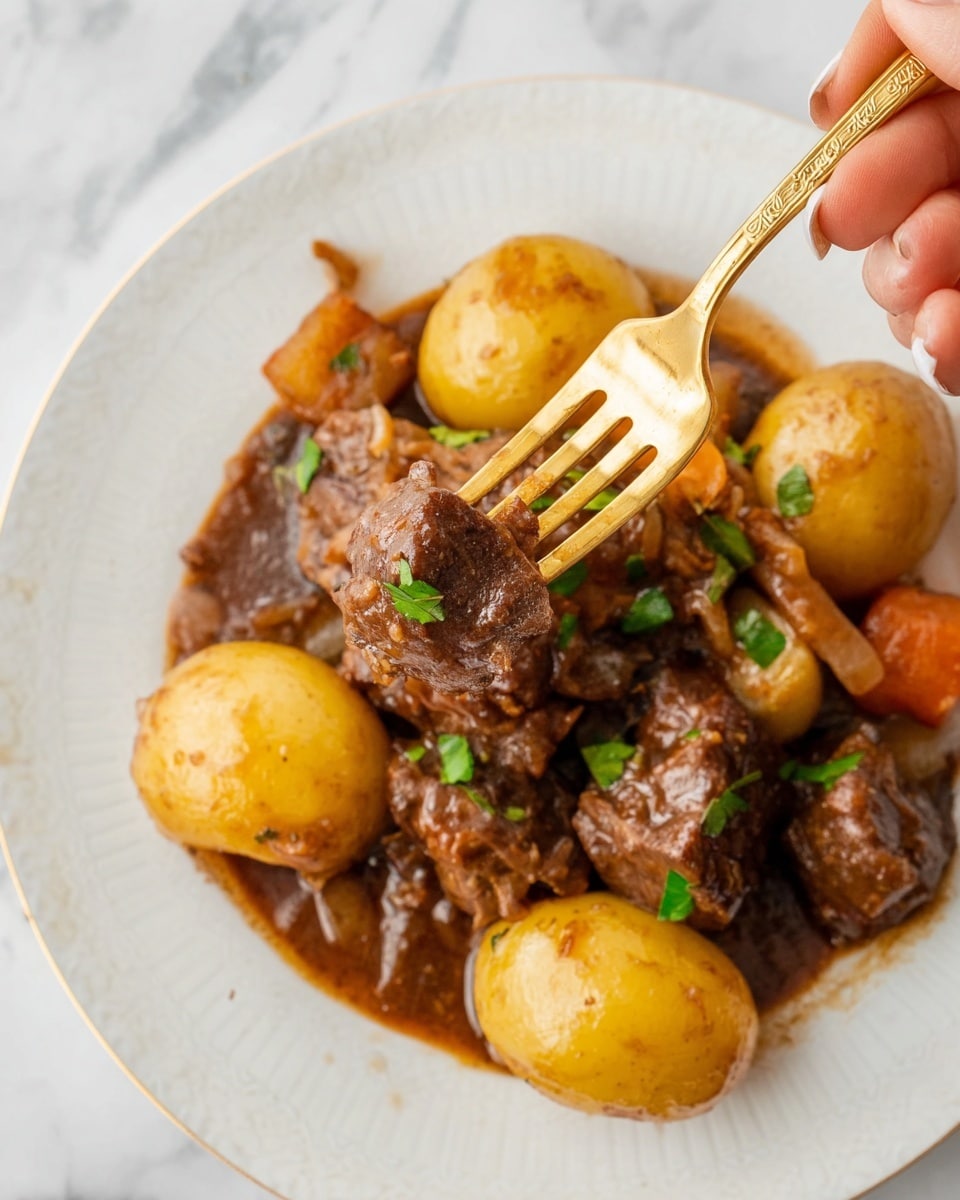 The image shows a close-up of a white plate with a stew made of several layers: large chunks of dark brown cooked meat with a shiny texture covered in brown sauce, several whole yellow potatoes with a smooth, slightly shiny surface, some small green herb pieces scattered on top, and bits of orange carrots mixed in. A gold fork held by a woman's hand lifts one potato and one piece of meat, highlighting the tender texture of both. The plate sits on a white marbled surface. photo taken with an iphone --ar 4:5 --v 7