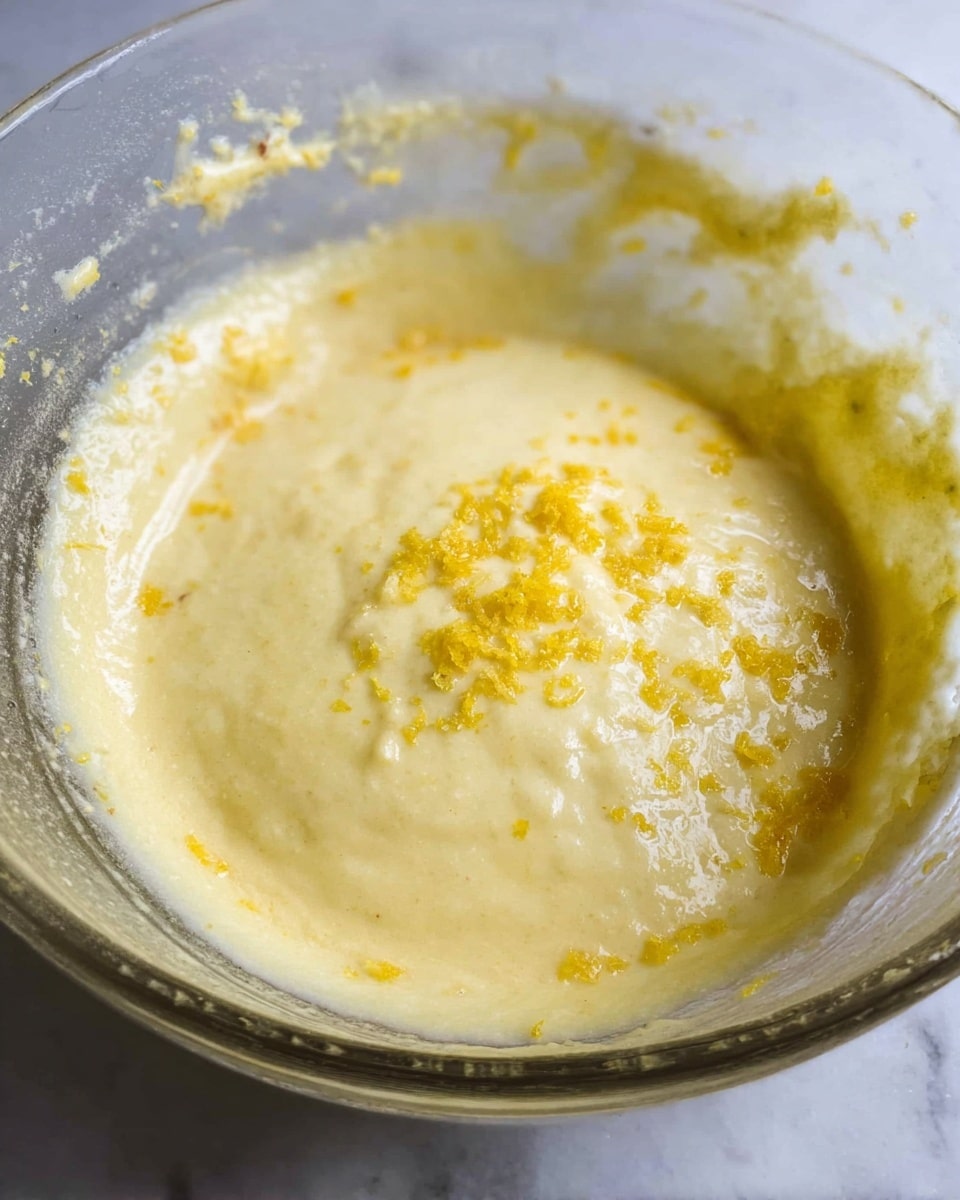 A close-up image of a clear glass bowl containing a creamy yellow batter with a smooth, slightly thick texture. The batter has small darker yellow bits sprinkled on top, resembling zest, mainly clustered in one area. The inside of the bowl is smeared unevenly with the same batter. The bowl sits on a white marbled surface. Photo taken with an iphone --ar 4:5 --v 7