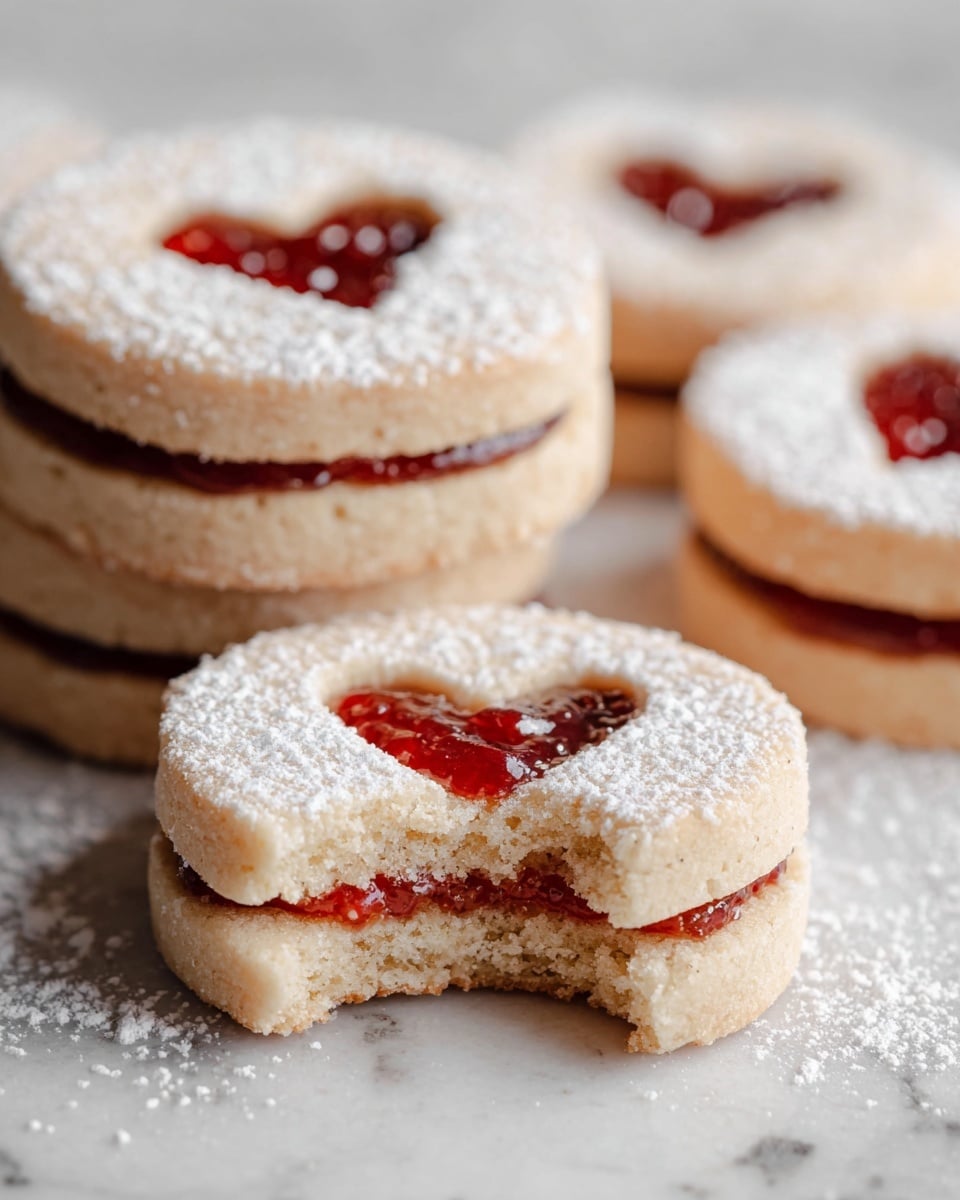 The image shows several round sandwich cookies with two layers each. The bottom and top layers are light beige cookies dusted with white powdered sugar. The top cookie layer has a small heart-shaped cutout in the center, revealing the bright red, slightly glossy jam filling between the layers. One cookie in front has a bite taken out, showing the soft, crumbly texture of the cookie and the thick, sticky jam inside. The cookies are placed on a white marbled surface with a soft, neutral background, giving a clean and simple look. photo taken with an iphone --ar 4:5 --v 7