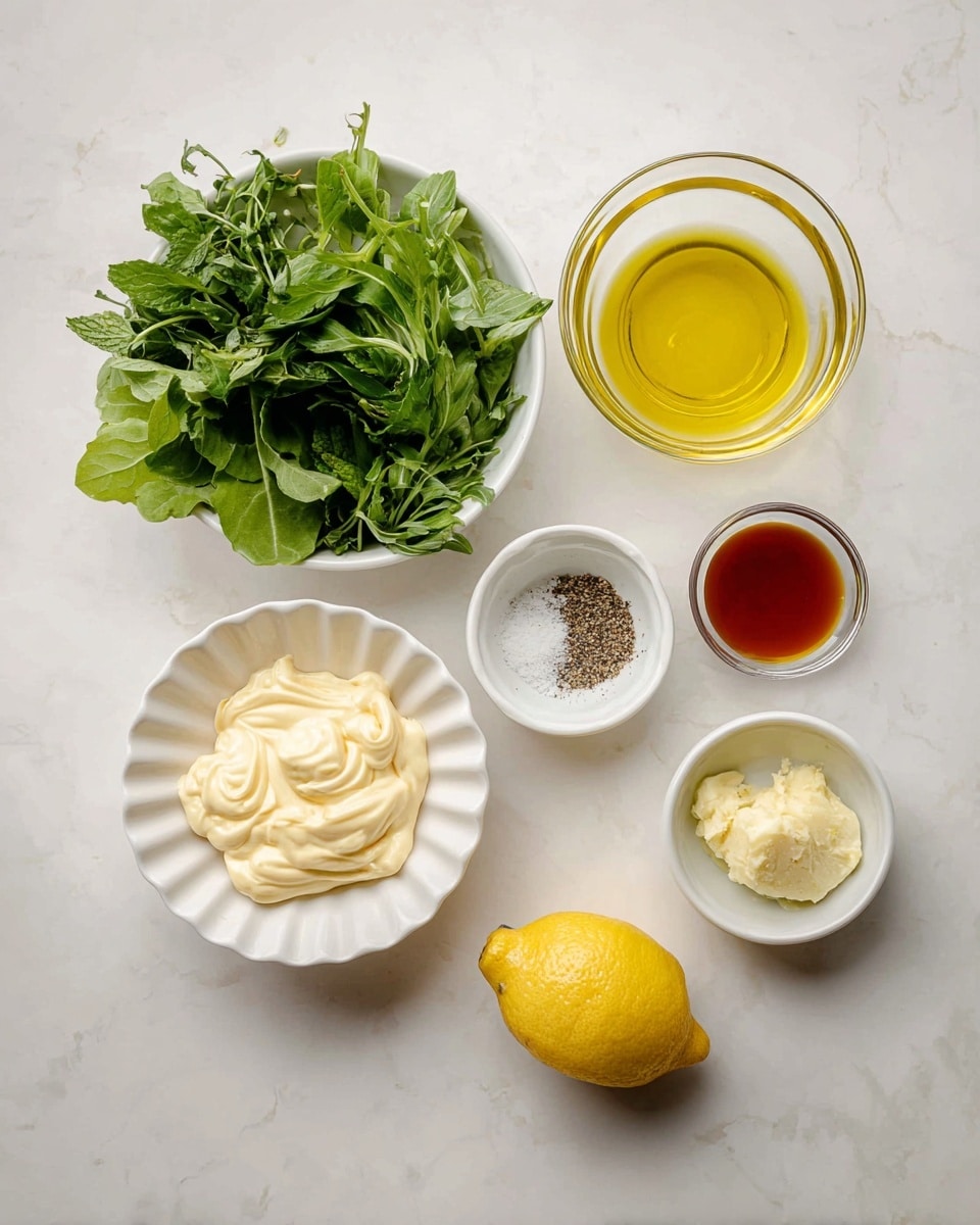 A top view image showing six white bowls and one white plate arranged neatly on a white marbled surface. The top left bowl holds a bunch of fresh green leafy herbs with different shapes and textures. To the right of that is a clear glass bowl filled with golden-yellow oil. Below the herbs, a white bowl contains a creamy pale yellow mayonnaise-like sauce with soft folds. Centered beneath the oil is a white fluted bowl filled with a dark amber liquid. To its right, a small white bowl holds a pale yellow paste. Below this bowl is half a fresh yellow lemon showing its juicy interior. Bottom center is a small white bowl with coarse black pepper and salt. The overall look is clean and organized with natural colors and textures clearly visible. Photo taken with an iphone --ar 4:5 --v 7