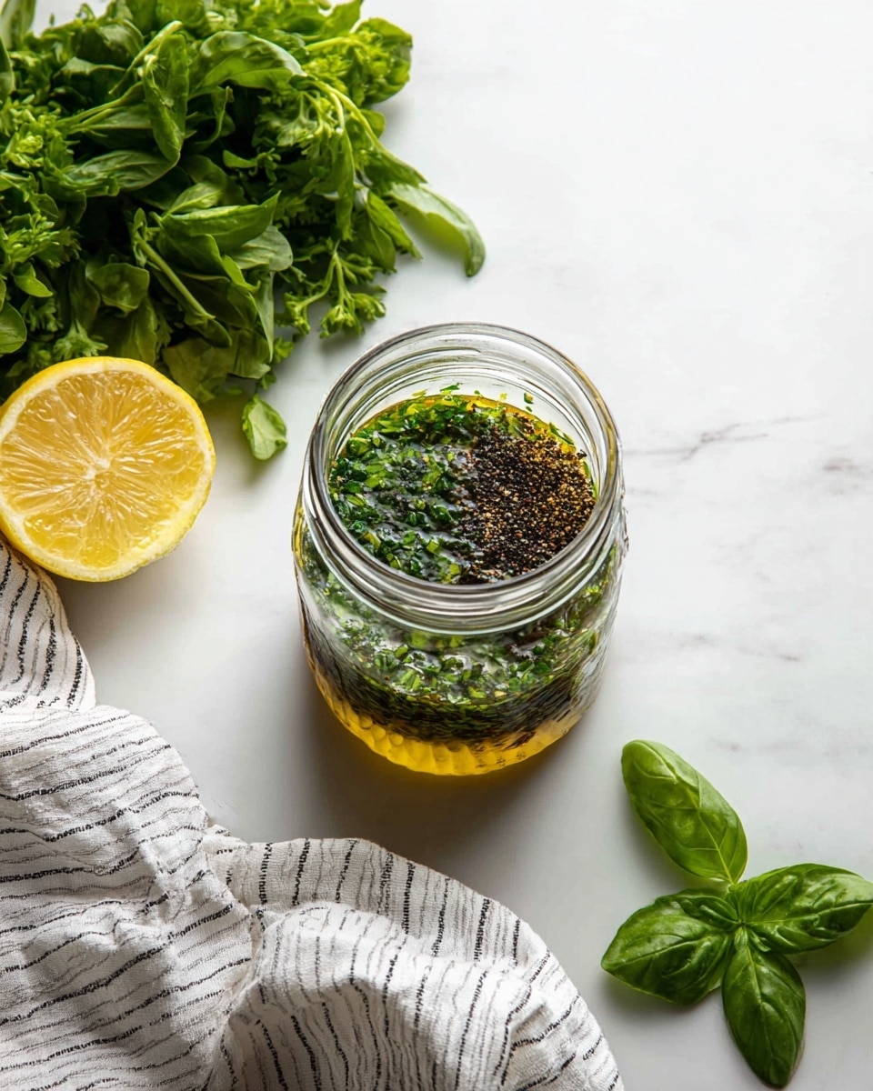 In the center, there is a glass jar filled with a three-layer mix: the bottom layer is bright green chopped herbs, the middle layer is golden olive oil, and the top layer is coarse black pepper sprinkled unevenly. On the left side near the jar, fresh green leafy herbs are placed above a half-cut yellow lemon with its bright flesh visible. A white cloth with thin black stripes is draped casually below the lemon. On the right bottom corner, a few green basil leaves rest on the white marbled surface, enhancing the fresh and natural feel of the scene. Photo taken with an iphone --ar 4:5 --v 7