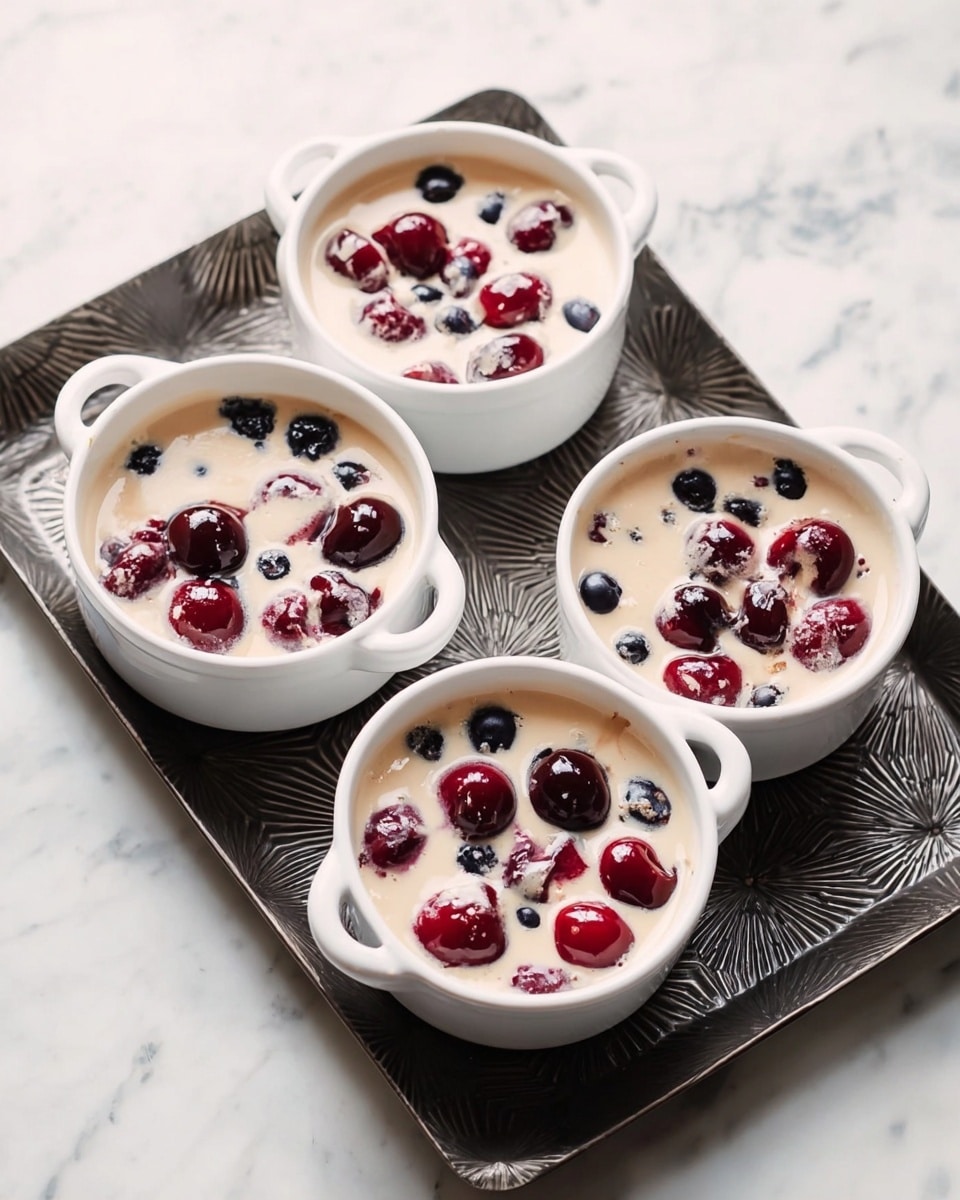 Four white round bowls with small handles are filled with creamy liquid and pieces of dark red cherries and whole blueberries. The creamy layer is light beige with a smooth texture, and the fruit pieces float on top in an uneven pattern. The bowls are placed on a dark, textured rectangular tray with a starburst design, all set on a white marbled background. photo taken with an iphone --ar 4:5 --v 7