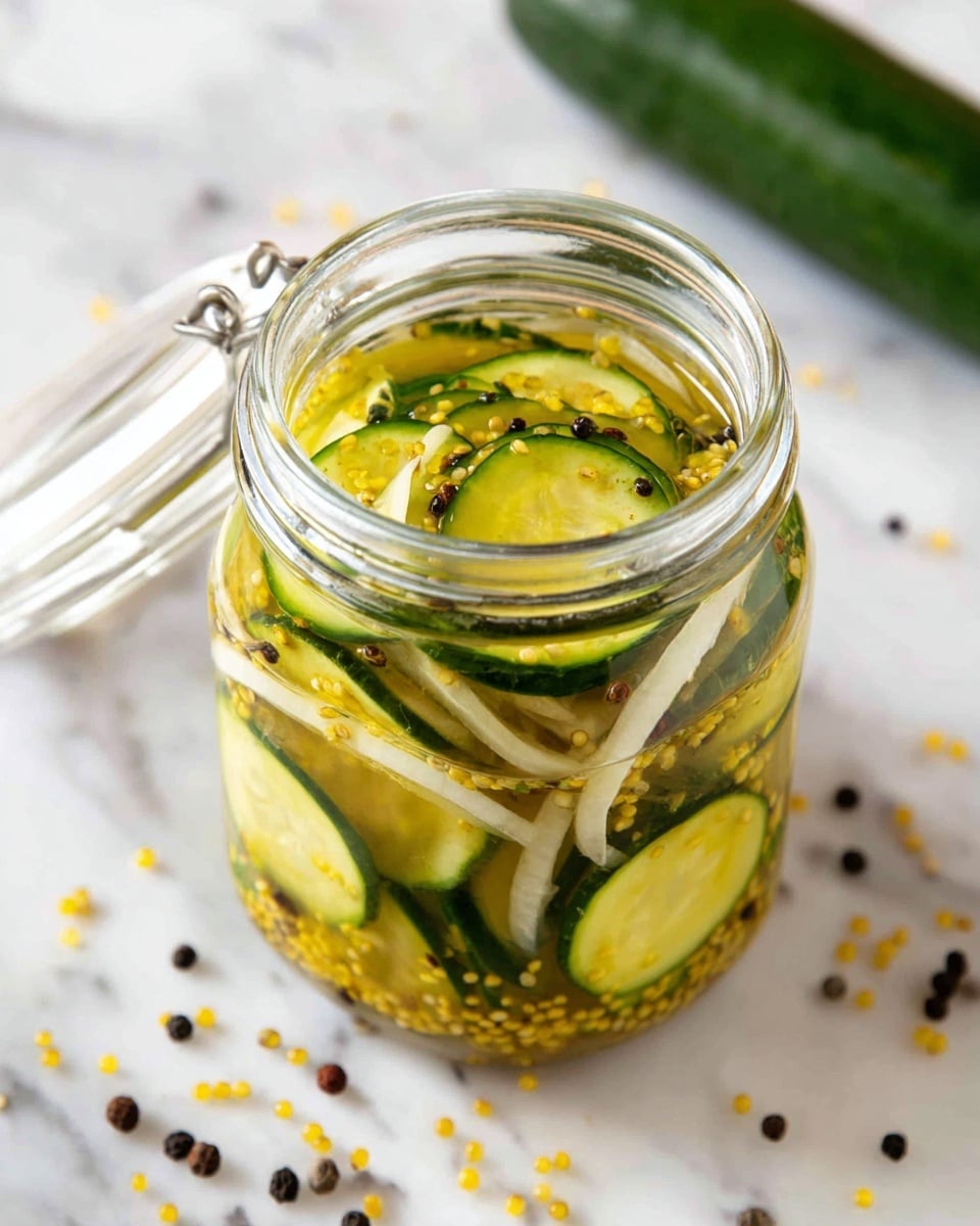 A clear glass jar filled with layers of sliced green cucumbers and thin white onion strips soaking in yellow pickling liquid, with small yellow mustard seeds visible throughout. The jar is open and sits on a white marbled surface with scattered coriander seeds and black peppercorns around it. A whole green cucumber lies in the background. photo taken with an iphone --ar 4:5 --v 7
