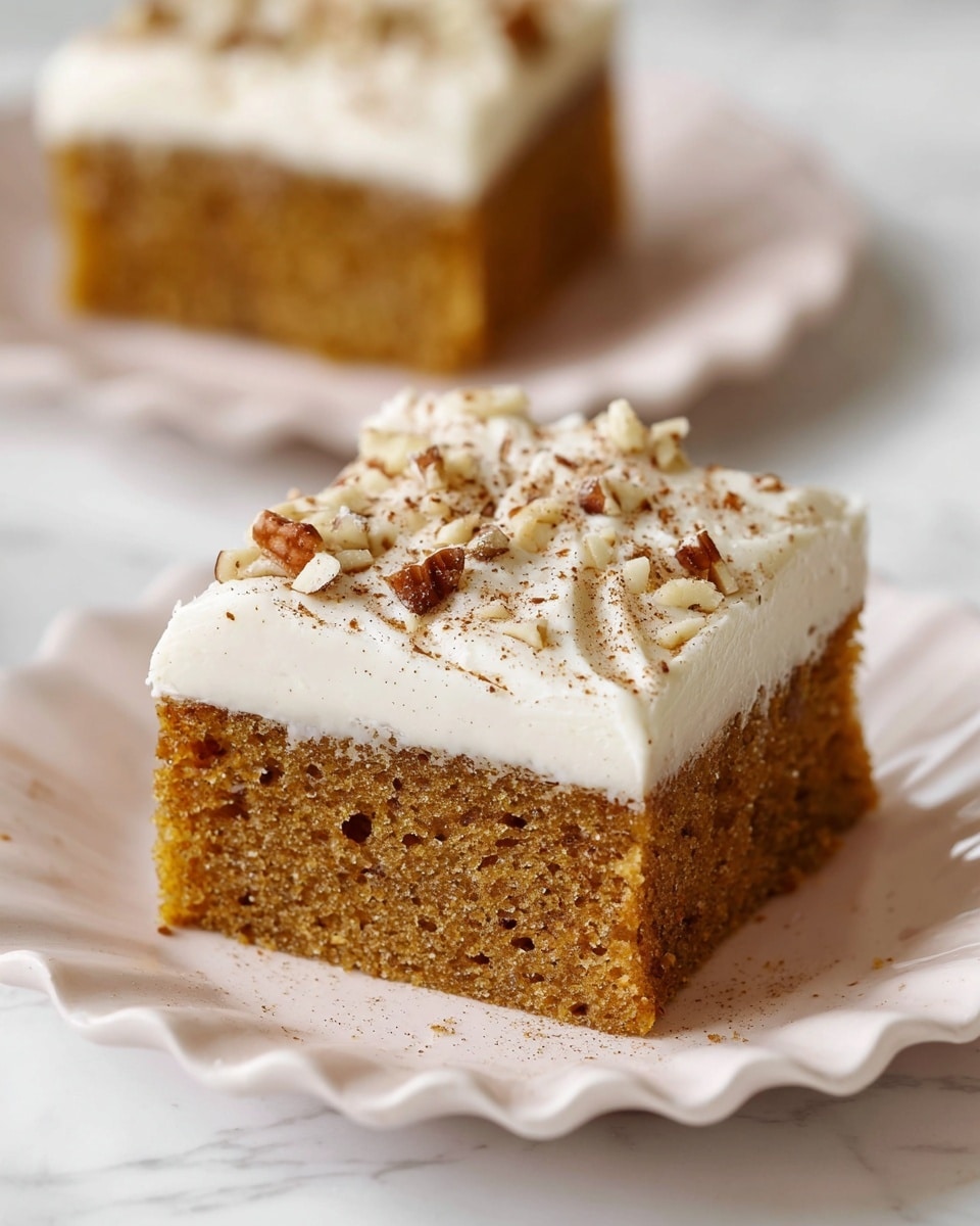 A square piece of cake with two visible layers: the bottom layer is a dense, moist light brown cake with small holes, and the top layer is a smooth, thick white frosting. The frosting is sprinkled with small pieces of chopped nuts and a fine dusting of a brown spice. The cake sits on a white scalloped plate, placed on a white marbled surface. Another similar piece of cake is blurred in the background on the same style plate. Photo taken with an iphone --ar 4:5 --v 7
