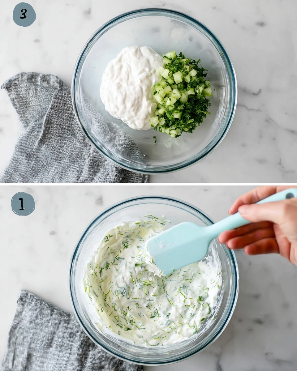 A clear glass bowl is placed on a white marbled surface with a grey cloth nearby and a light blue silicone spatula resting on the side. Inside the bowl, there are three separate layers: one is a white creamy yogurt-like substance, another is chopped small green cucumbers, and the last layer is finely chopped green herbs. In the second image, the same bowl contains these ingredients fully mixed into a uniform creamy white mixture with green specks, while a woman's hand holds the spatula stirring the blend. photo taken with an iphone --ar 4:5 --v 7