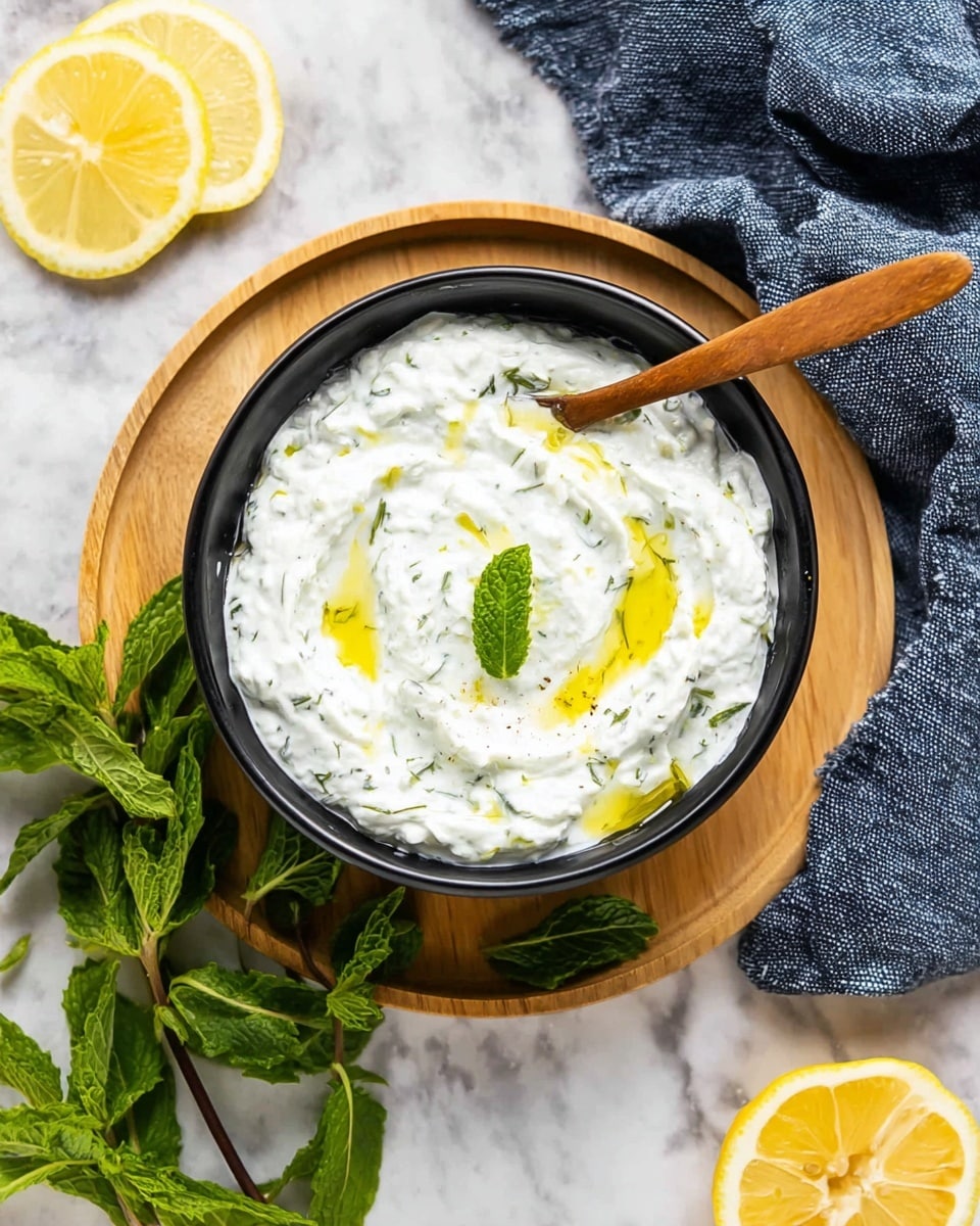 A black bowl filled with white creamy dip showing green herb bits mixed inside, with a drizzle of golden olive oil on top and a small fresh green mint leaf garnish near the edge. The bowl is placed on a round light wood tray that also holds two lemon wedges to the top left of the bowl. A wooden spoon with honey-colored wood is resting inside the bowl at the top right. Around the tray, fresh green mint leaves are spread on a white marbled surface, with a half lemon visible at the bottom right. A folded dark blue cloth with a rough texture lies partially on the top right of the tray. Photo taken with an iphone --ar 4:5 --v 7