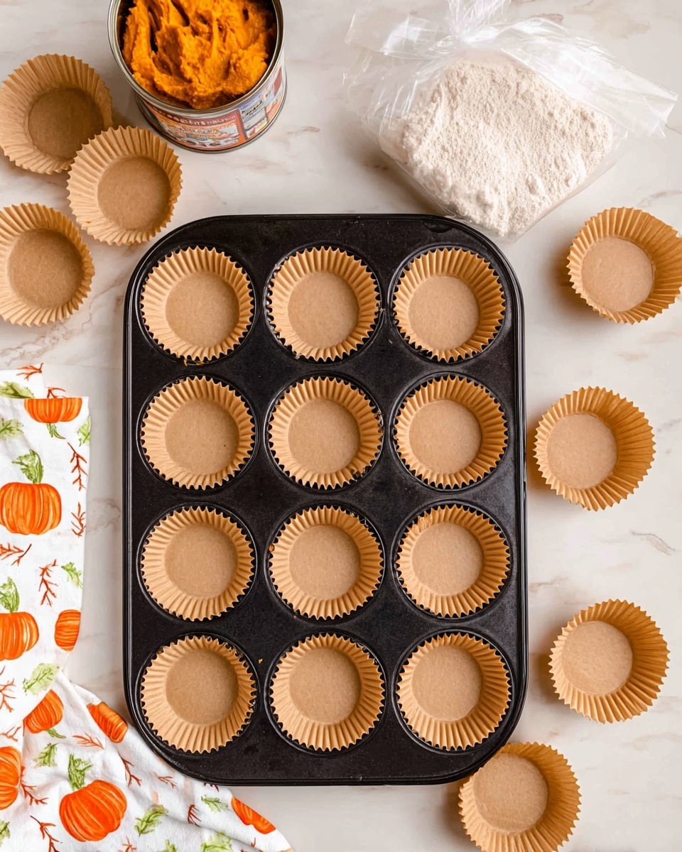 A black metal baking tray holds 12 light brown paper cupcake liners arranged in three rows of four. Surrounding the tray are more of these cupcake liners scattered around. Above the tray is an opened can with orange pumpkin puree inside and a clear plastic bag filled with white flour. The tray and items are placed on a white marbled surface. On the bottom left, a white cloth with orange pumpkin and leaf prints is partially visible. photo taken with an iphone --ar 4:5 --v 7