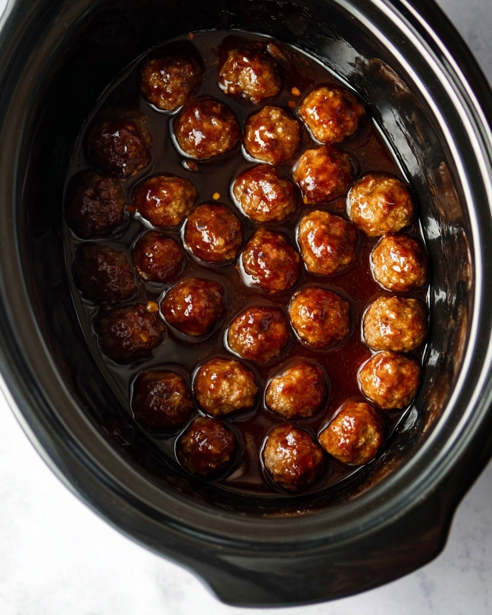 Inside a black slow cooker filled with about 30 small round meatballs, each covered in glossy brown sauce that reflects light. The meatballs are evenly spread in one single layer, with some darker brown and some lighter brown shades showing their texture under the shiny sauce. The slow cooker sits on a white marbled surface with a clean background. The overall look is warm and rich, focusing closely on the sauced meatballs. photo taken with an iphone --ar 4:5 --v 7