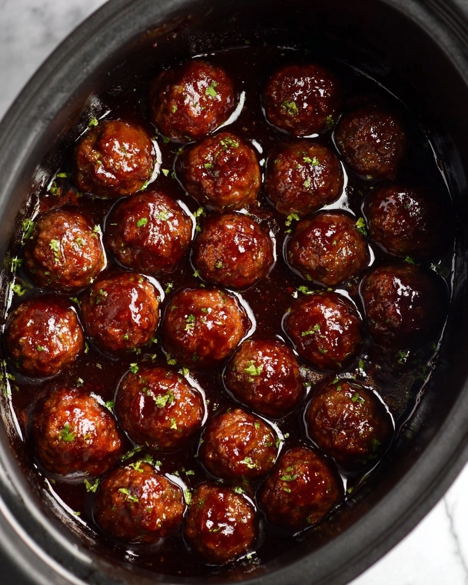 The image shows a black cooking pot filled with about 30 round meatballs, each covered in a shiny dark reddish-brown sauce that looks thick and sticky. The meatballs have a slightly textured surface with small bits visible and are sprinkled with small green herb pieces. The sauce pools around the meatballs, creating a glossy surface that shines under the light. The pot is shown from above on a white marbled texture background. photo taken with an iphone --ar 4:5 --v 7