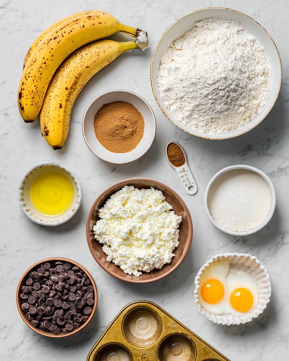 The image shows baking ingredients neatly arranged on a white marbled surface. There are two ripe yellow bananas with brown spots at the top left. Next to them is a large white bowl filled with white flour with a white measuring cup partially buried in it. Below the bananas are a small white bowl filled with light brown sugar and a tiny spoon with a small amount of cinnamon powder. In the center is a white bowl rimmed with brown containing white textured cottage cheese. To its right is a small clear glass with yellow oil and beside it a small white bowl with white salt and baking powder. Below is a round white bowl with two cracked raw eggs showing the yellow yolks with brown eggshells beside it. To the bottom left of the eggs is a small round bowl filled with dark chocolate chips. On the very bottom right is part of a gold muffin tray lined with brown cupcake liners. The whole scene is bright and clear, photo taken with an iphone --ar 4:5 --v 7