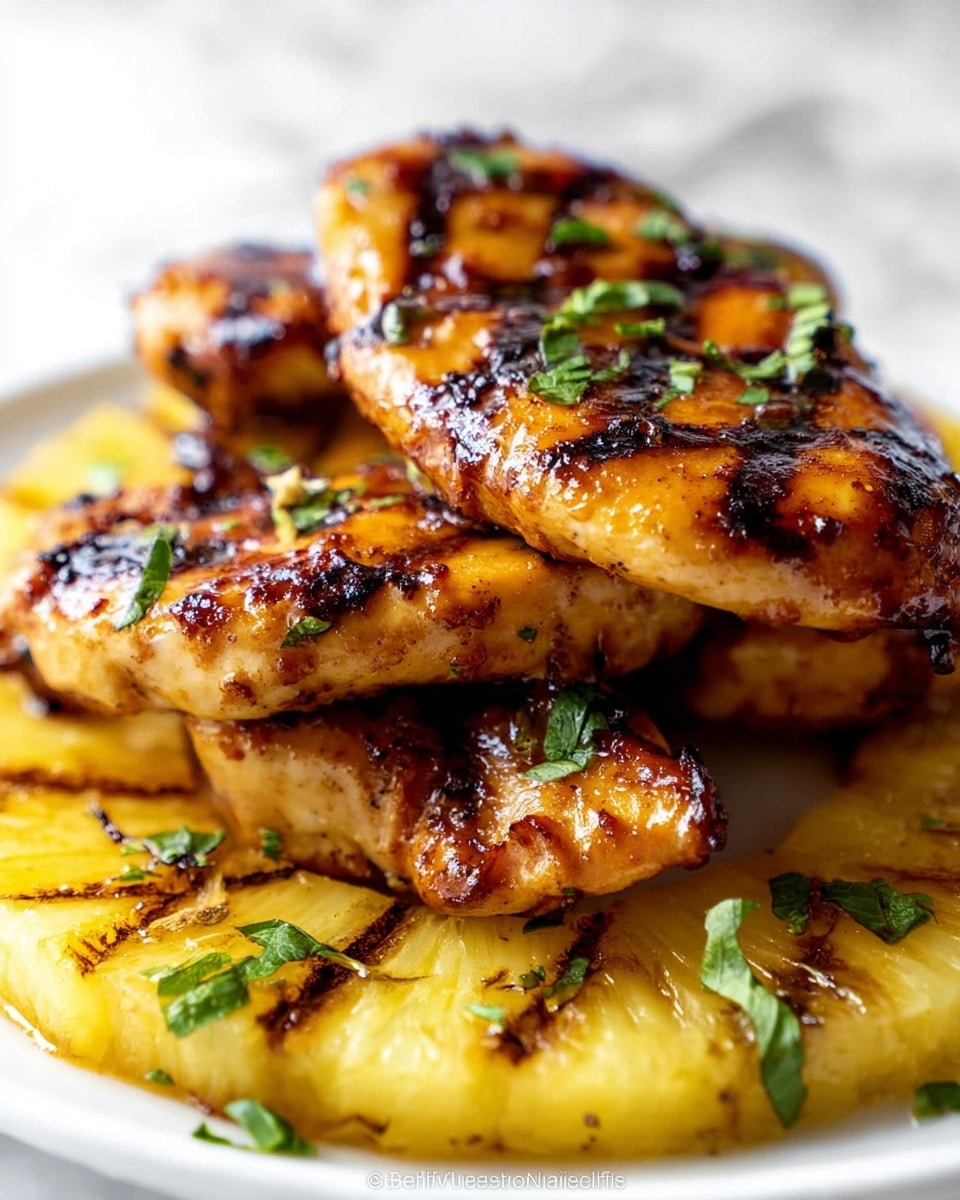 A close-up view shows a stack of grilled chicken pieces layered over grilled pineapple slices on a white plate. There are about three visible chicken pieces, each with shiny, caramelized grill marks and a golden-brown color with some darker char spots. The pineapple slices underneath have clear grill lines and a vibrant yellow color. Small green herb pieces are sprinkled on top and around the chicken, adding a fresh touch. The background is a white marbled surface. photo taken with an iphone --ar 4:5 --v 7