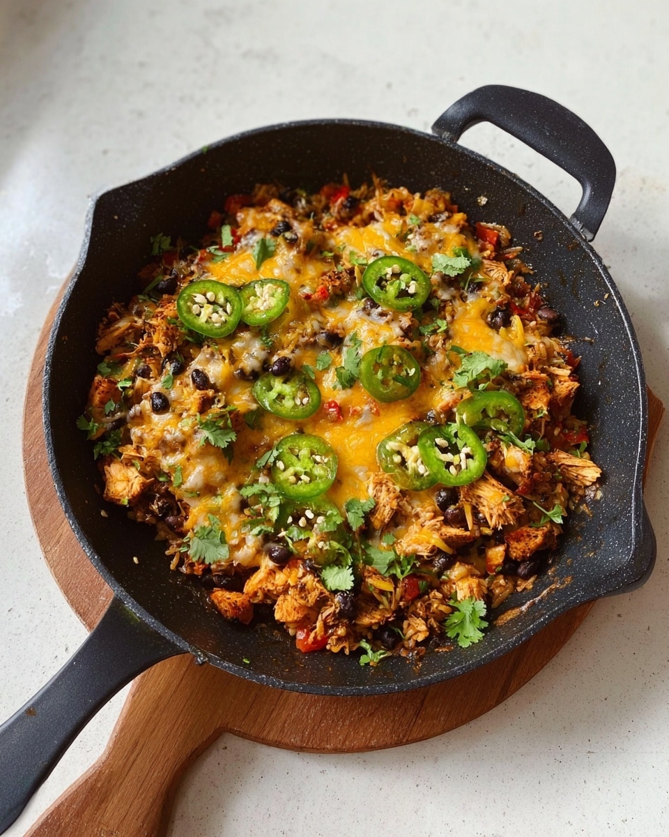 The image shows a black frying pan filled with a colorful cooked dish placed on a wooden board with a handle. The dish has several layers: the base is orange-brown cooked chicken pieces mixed with finely chopped vegetables like red bell peppers and black beans, topped evenly with melted light yellow cheese. On top of the cheese are green jalapeño slices and fresh cilantro leaves scattered around, adding a bright green color. The pan sits on a white marbled surface. Photo taken with an iphone --ar 4:5 --v 7