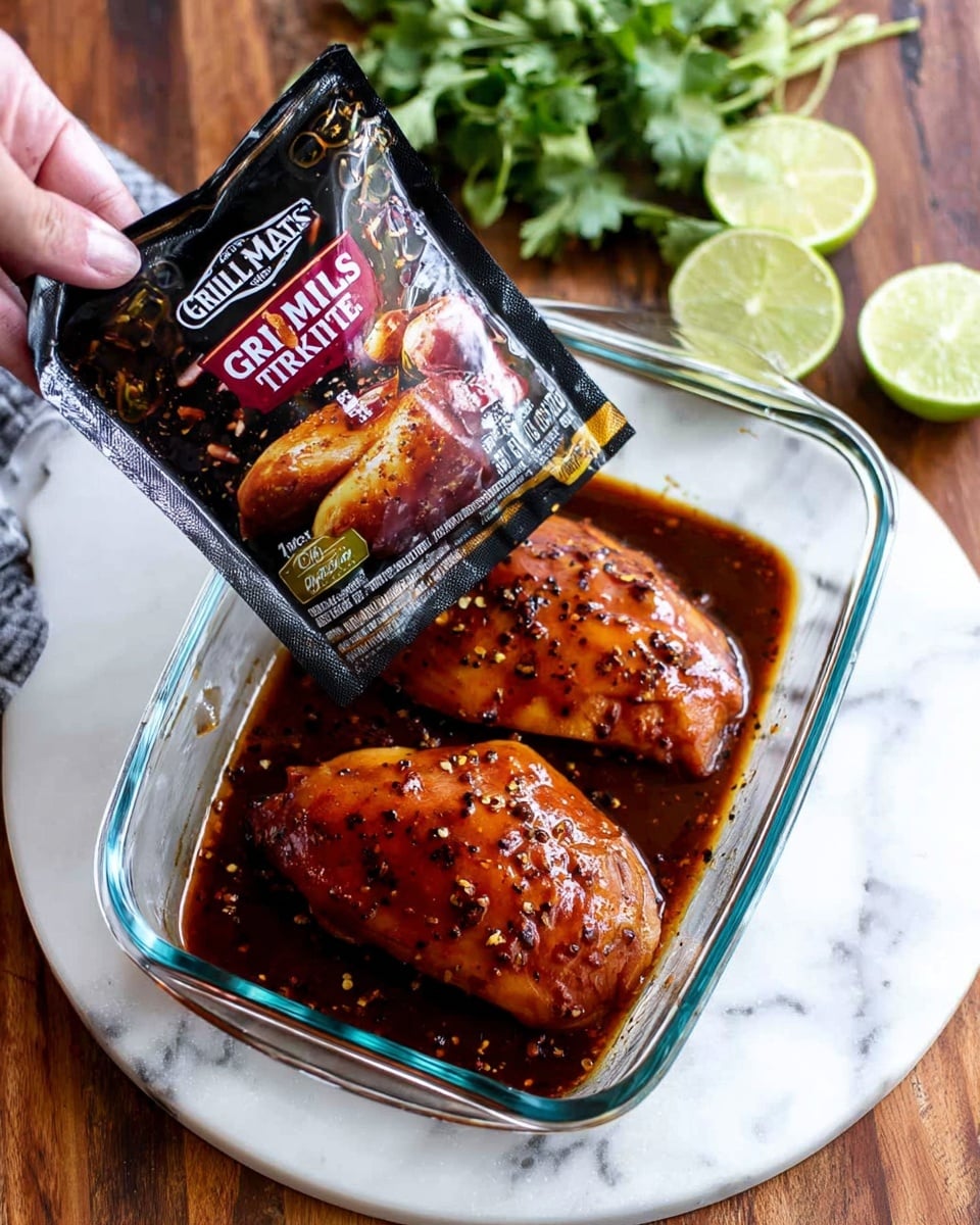 A clear rectangular glass dish contains two raw chicken pieces, thick and shiny, coated with a dark red-brown teriyaki sauce with visible black pepper flakes. The dish sits on a white marbled round board. Above, a woman's hand holds a black packet tilted over the chicken, labeled