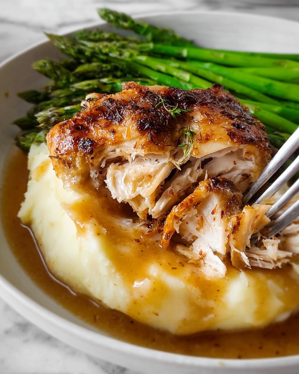 A white plate is filled with three main layers: at the bottom is a smooth, creamy pale yellow mashed potato layer with some light brown gravy drizzled on top; above that lies a juicy, browned piece of roasted chicken with a crispy, textured skin and tender, moist inner meat, partially broken by a fork; the top layer features a neat row of bright green, fresh steamed asparagus spears positioned along the back edge of the plate. The plate sits on a white marbled surface. Photo taken with an iphone --ar 4:5 --v 7