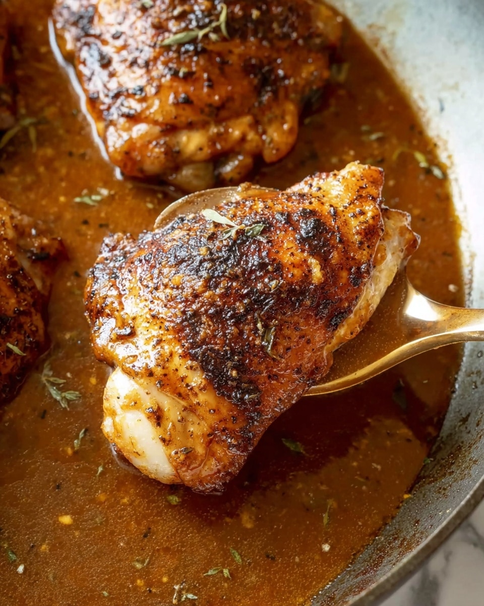 The image shows two pieces of cooked chicken thighs in a pan filled with brown sauce and small herbs. The chicken skin is golden brown and crispy with a mix of blackened spots and specks of seasoning. One piece is held by a golden spoon covered in rich, thick brown sauce with a shiny texture. The surface beneath the pan is a white marbled texture. photo taken with an iphone --ar 4:5 --v 7