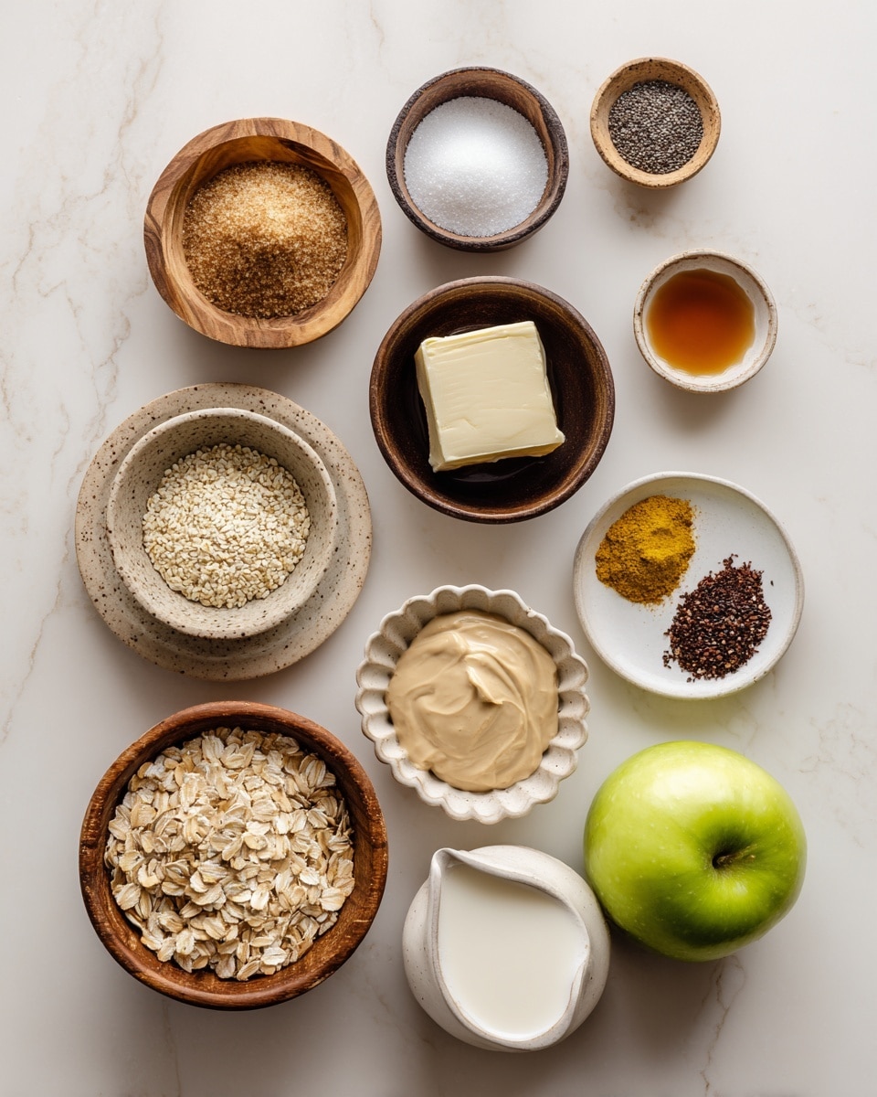The image shows an overhead view of 11 small bowls and one green apple arranged on a white marbled surface. The bowls have different shapes and materials, including wood, ceramic, and clay. Starting from the top left, there is a bowl with light brown sugar, next to it a small bowl with white powder, then a clay bowl holding a square piece of butter. Below the butter is a clay bowl with a dark liquid, and to the left of it, a small white ceramic bowl with a dark amber liquid. Below that, a fluted ceramic bowl with creamy beige nut butter, and to its right, a small wooden bowl filled with light hemp seeds. Below the hemp seeds is a white ceramic pitcher filled with pale cream milk. To the right of the milk is a wooden bowl with small black seeds, likely chia seeds, and next to it at the bottom right corner is a green apple. Above the apple is a small white plate with three piles of colorful spices: dark red, light brown, and bright yellow. Lastly, at the bottom left is another wooden bowl filled with rolled oats. Photo taken with an iphone --ar 4:5 --v 7
