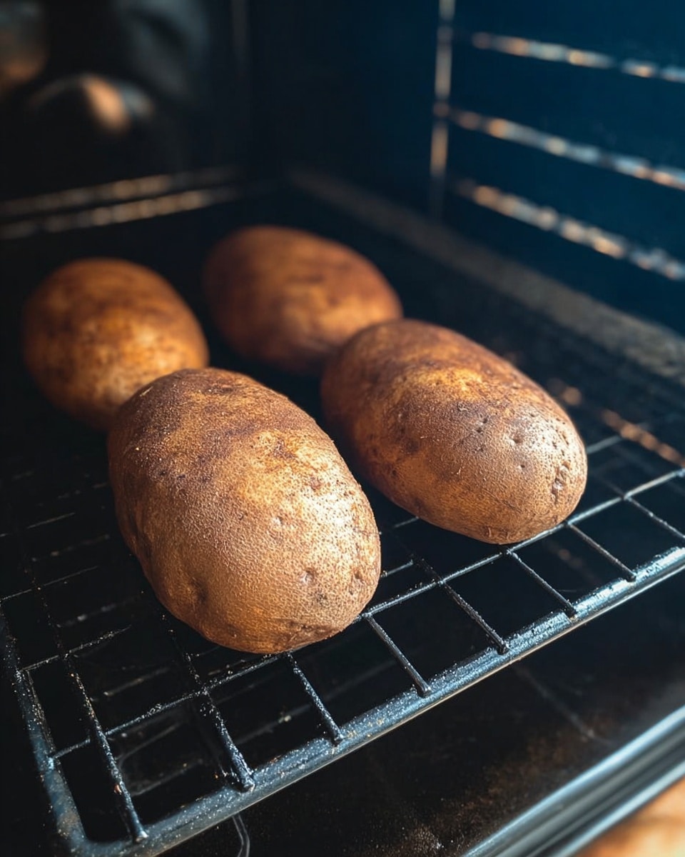 The image shows four browned baked potatoes resting on a black tray at the top. Below the tray, on a wooden surface, there are seven clear bowls arranged in a loose circular shape. From left to right, the bowls contain crispy chopped bacon bits with a reddish-brown color, a creamy mixture of white cream cheese and a light beige paste, thinly sliced green onions with bright green and white rings, two small pieces of pale yellow butter, a large bowl filled with shredded bright orange cheddar cheese, and a bowl of thick white sour cream. The background is a white marbled texture. photo taken with an iphone --ar 4:5 --v 7