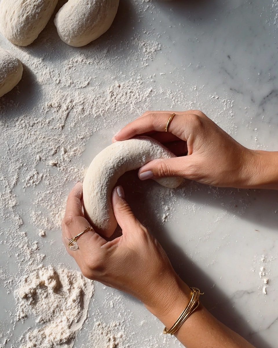 Two woman's hands are shaping a piece of pale dough into a curved form on a white marbled surface dusted with flour. The dough looks soft with a slightly rough texture, and small lumps of flour are scattered around. To the left, there are more pieces of shaped dough resting on the surface. The woman's hands wear gold bracelets and a simple gold ring, and the nails are clean and natural. The image is bright with soft lighting, focusing closely on the hands and dough, showing detail in the dough's texture and the flour dust. Photo taken with an iphone --ar 4:5 --v 7
