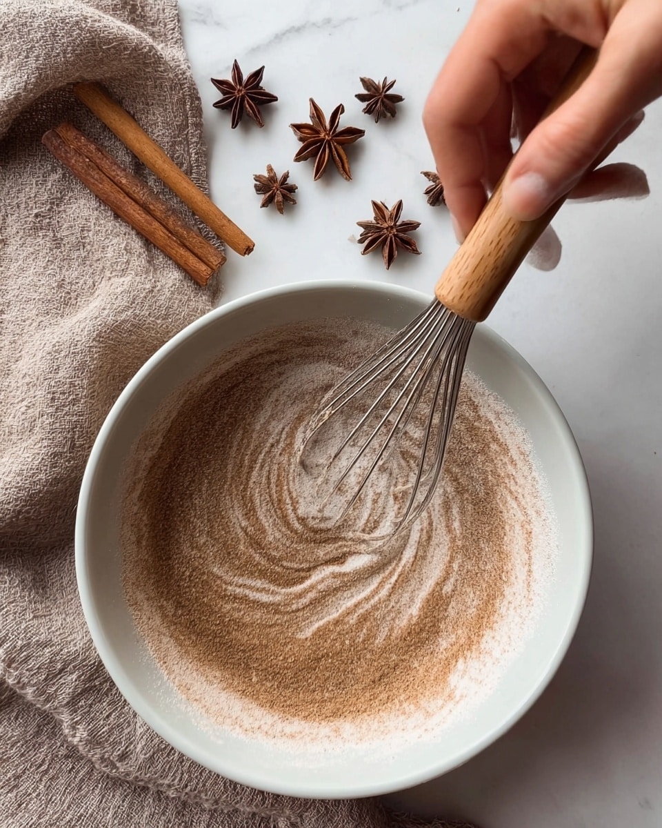 A white bowl contains a mix of light and dark brown powders being stirred with a whisk that has a wooden handle, held by a woman's hand from above. The powders create a swirling pattern of fine and slightly rough textures within the bowl. Around the bowl, on a white marbled surface, lie several star anise and a stick of cinnamon, alongside a folded light brown cloth cloth adding a soft texture to the scene. photo taken with an iphone --ar 4:5 --v 7