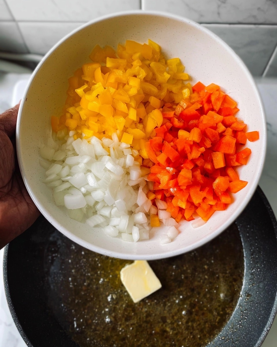 A white bowl held by a woman's hand is filled with three separate piles of chopped vegetables: yellow bell peppers on the left, white onions on the top right, and orange bell peppers on the bottom right. Below the bowl is a pan with bubbling liquid and a melting piece of butter on a white marbled surface background. The colors in the bowl are bright and fresh, contrasting with the darker, steaming pan below. photo taken with an iphone --ar 4:5 --v 7