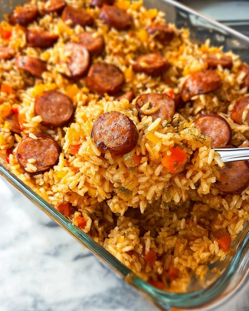 The image shows a close-up of a large glass baking dish filled with a cooked rice dish mixed with round, sliced pieces of browned sausage. The rice is yellowish-brown with visible small pieces of orange and yellow bell peppers mixed throughout, giving a textured and colorful look. The layers include a thick base of fluffy rice grains coated in seasoning, with the browned sausage slices scattered evenly on top and throughout. Steam rises slightly, showing the dish is hot and fresh. A spoon is lifting a portion of the rice and sausage mixture out of the dish. The background features a white marbled surface, and the image is bright and warm in tone. photo taken with an iphone --ar 4:5 --v 7