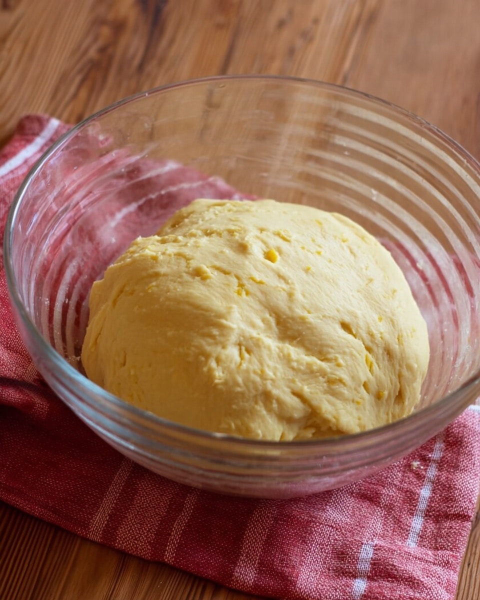 A single large ball of light yellow dough with a slightly uneven texture sits in a clear glass bowl that shows subtle vertical and diagonal stripes. The dough has small lighter and darker spots, indicating a soft, pliable surface. The glass bowl rests on a wooden surface with visible grain, and a red and white checkered cloth is partly visible in the background. The setting is simple, focusing on the dough inside the bowl. photo taken with an iphone --ar 4:5 --v 7