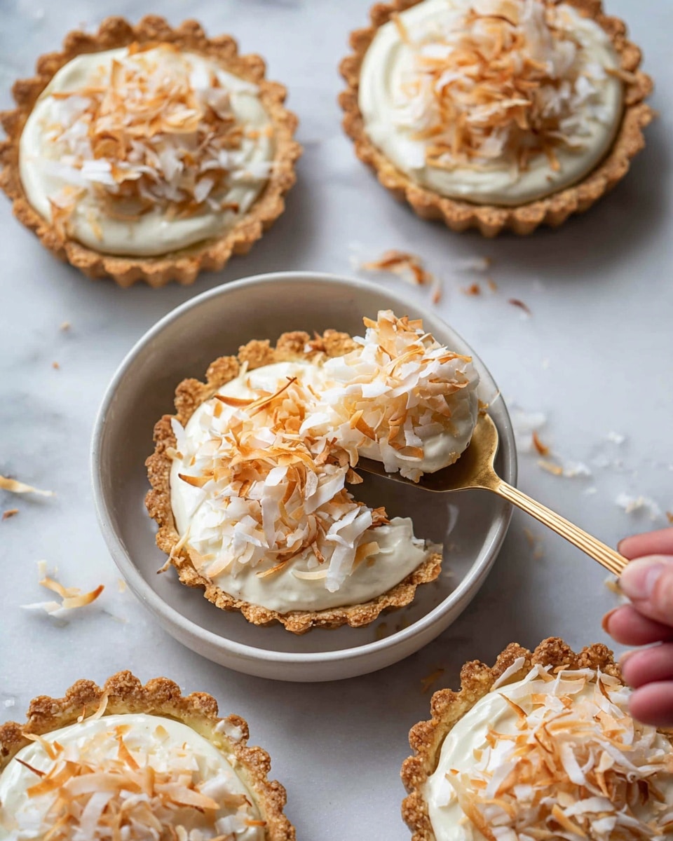 The image shows several small tarts with a light brown, crispy crust as the base layer. Inside the crust is a smooth white cream filling spread evenly. On top, there is a layer of toasted shredded coconut which is light beige to golden brown, adding texture. The tarts sit on a white marbled surface, with one tart placed in a white bowl, with a golden spoon beside it. A woman's hand is holding the spoon, lifting a slice from the tart to show the layers clearly. Photo taken with an iphone --ar 4:5 --v 7