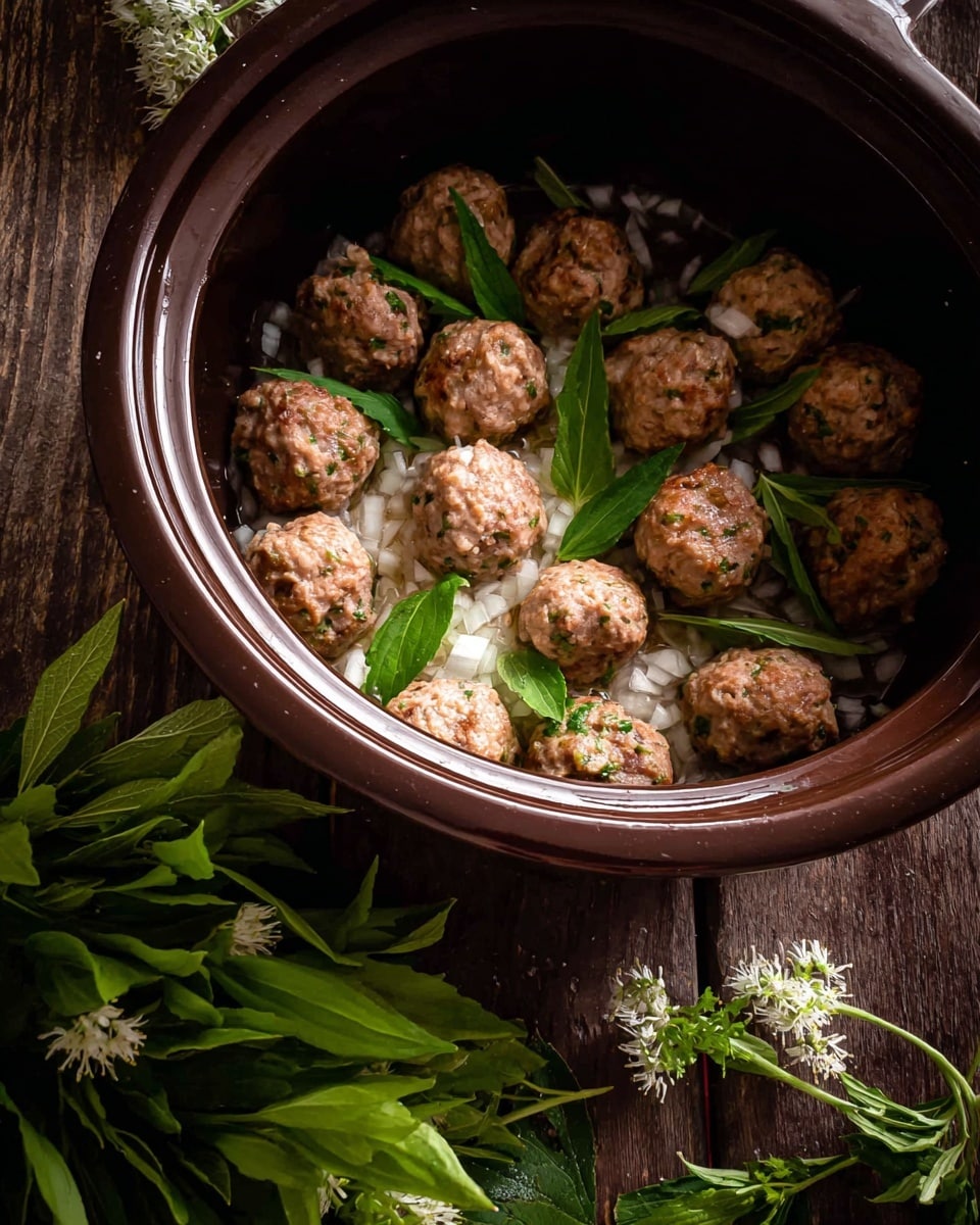 Inside a dark brown round cooking pot, there are twelve small meatballs with a brownish color mixed with bits of white, placed evenly on a layer of chopped white onions. Some fresh green herb leaves are scattered on and around the meatballs, adding a bright contrast. The pot is set on a dark wooden surface with more fresh green herbs and white flowers lying nearby, creating a natural and fresh look. The light shines warmly on the pot, highlighting the texture of the meatballs and herbs. photo taken with an iphone --ar 4:5 --v 7