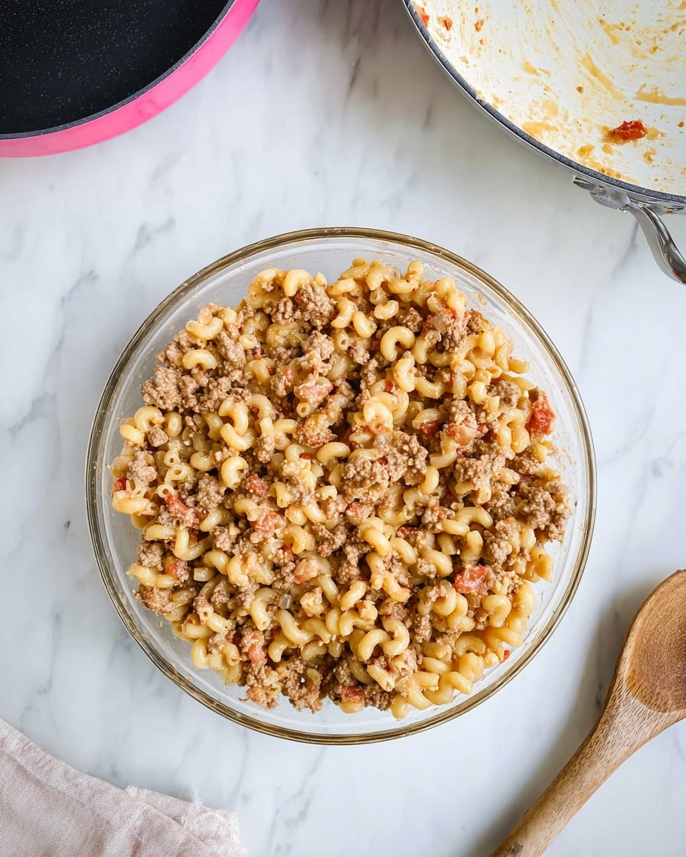 In the center of the image, there is a clear glass bowl filled with a mix of elbow macaroni pasta, ground meat, and small visible bits of tomatoes and cheese all combined into one textured layer with light brown, tan, and some reddish colors. The bowl sits on a white marbled surface. In the top left corner, there is an empty pan with a pink outer edge and a black inside. On the top right, part of a white pan with some food stains and a metal handle is visible. A wooden spoon with some food residue rests on the white marbled surface near the bowl's bottom right side. photo taken with an iphone --ar 4:5 --v 7