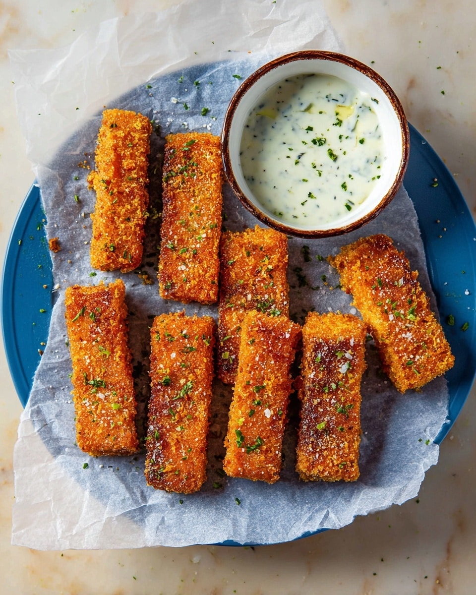 Seven golden brown rectangular fish sticks with a crispy textured coating are arranged on crumpled parchment paper that lines a white plate. The fish sticks are sprinkled with small green herbs and coarse salt. In the top right corner, there is a brown and white bowl filled with thick white dipping sauce speckled with finely chopped green herbs. The whole scene is set on a white marbled surface. photo taken with an iphone --ar 4:5 --v 7