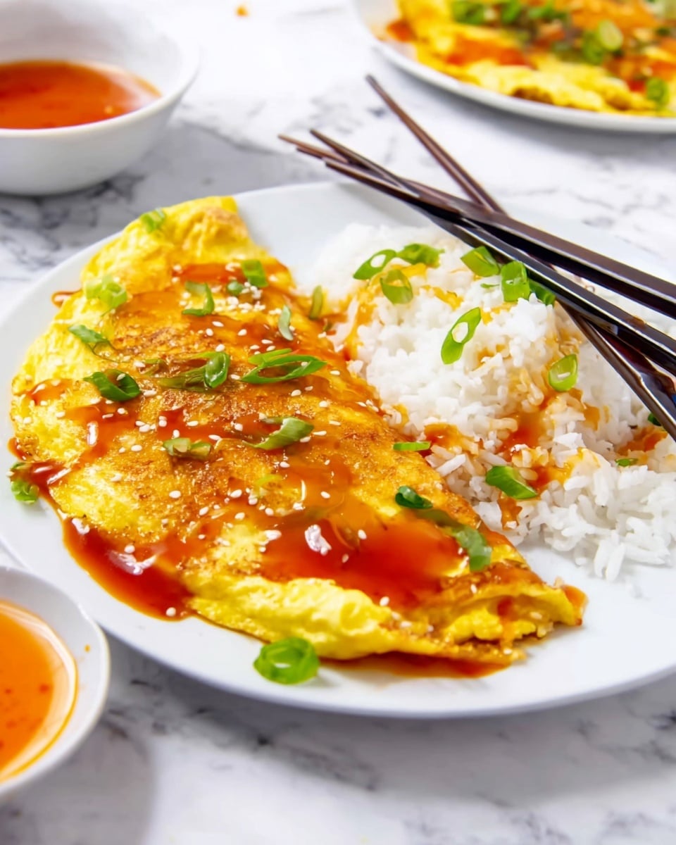 The dish shows a white plate with two main parts: a yellow and slightly browned folded omelet on one side with a drizzle of a shiny reddish-orange sauce, sprinkled with small white sesame seeds and green onion pieces on top, and plain white rice next to it, partially covered with the same sauce and green onions. Two black chopsticks rest on the rice side of the plate. In the background, there is a white marbled surface with another dish blurred out, and a small white bowl with some reddish-orange sauce visible near the bottom left corner. photo taken with an iphone --ar 4:5 --v 7